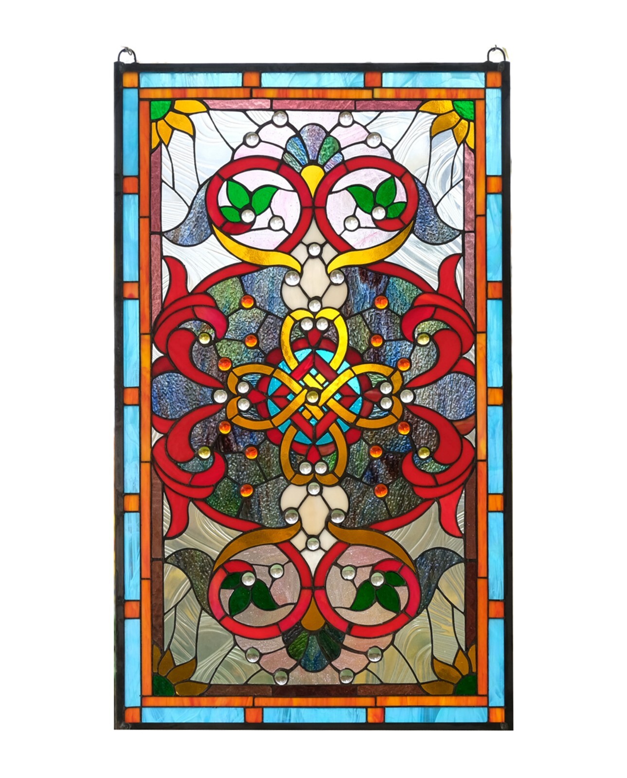 20.5″W x 34.75″H Handcrafted Jeweled stained glass window panel.