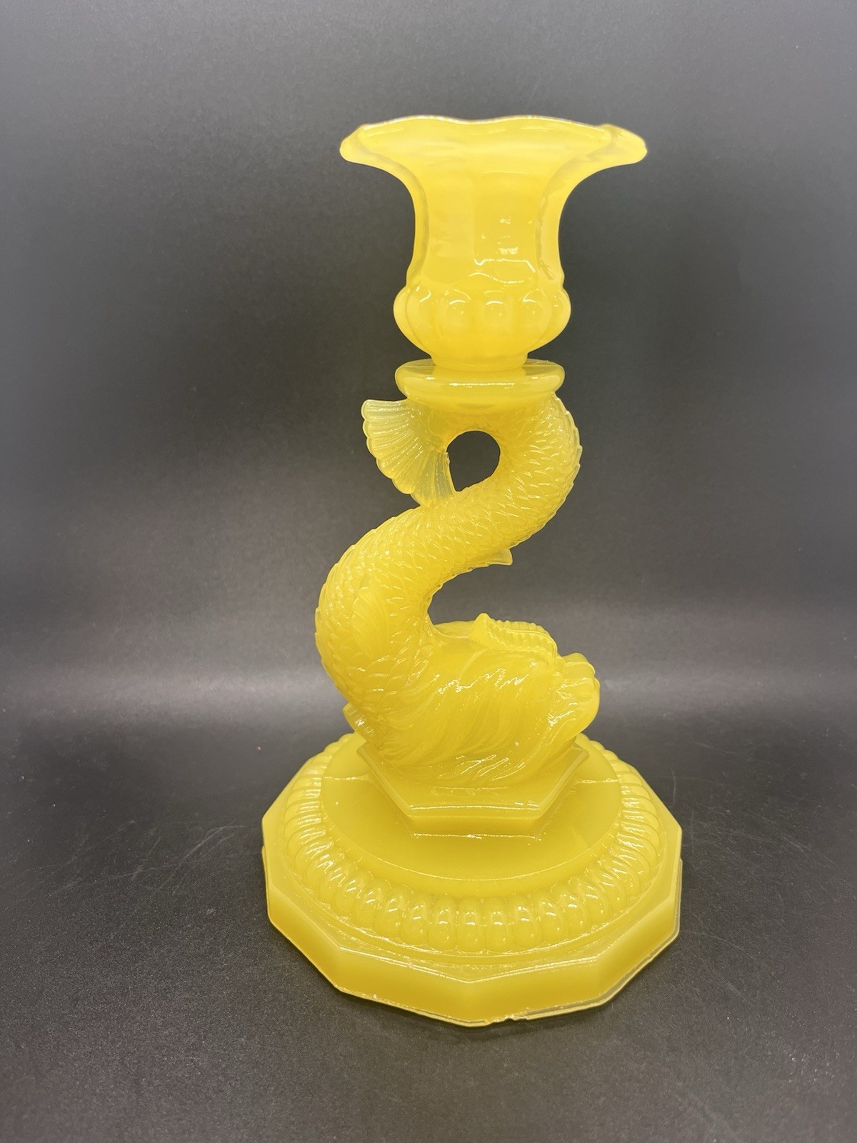 EAPG Rare Vntg Portieux Vallerysthal Canary Vaseline Glass Dolphin Candlestick