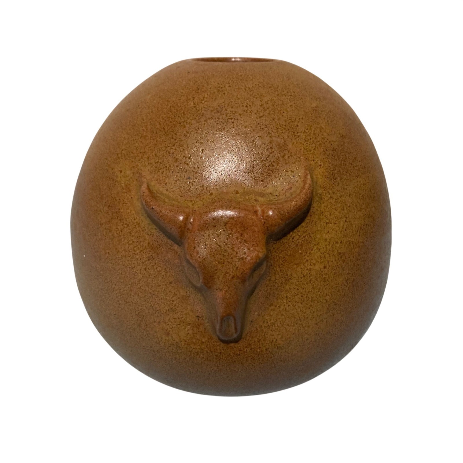 Pottery Brown Round Bud Vase With Embossed Bull Cow Steer Skull