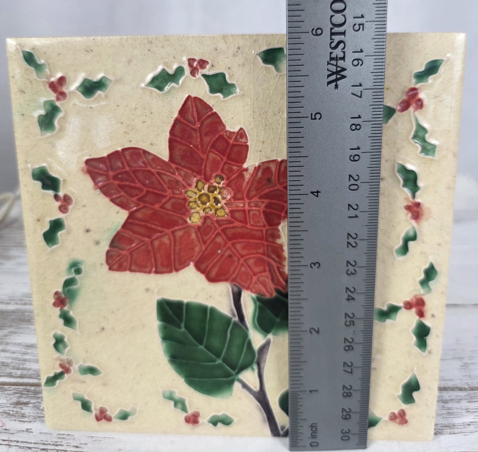 Vintage Christmas Poinsettia Art Tile Ceramic K’s Collection Wall/Table Decor