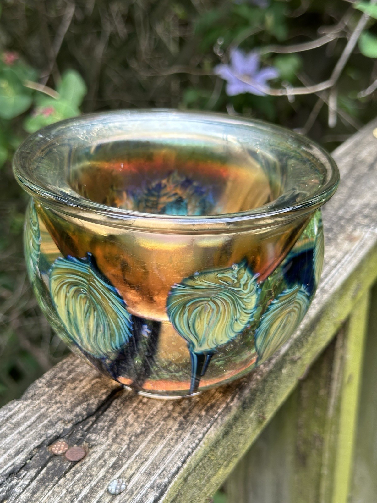 David Lotton Art Glass Design Amber Signed 2006 Blue Thistle Bowl Vase 4.5X5.5