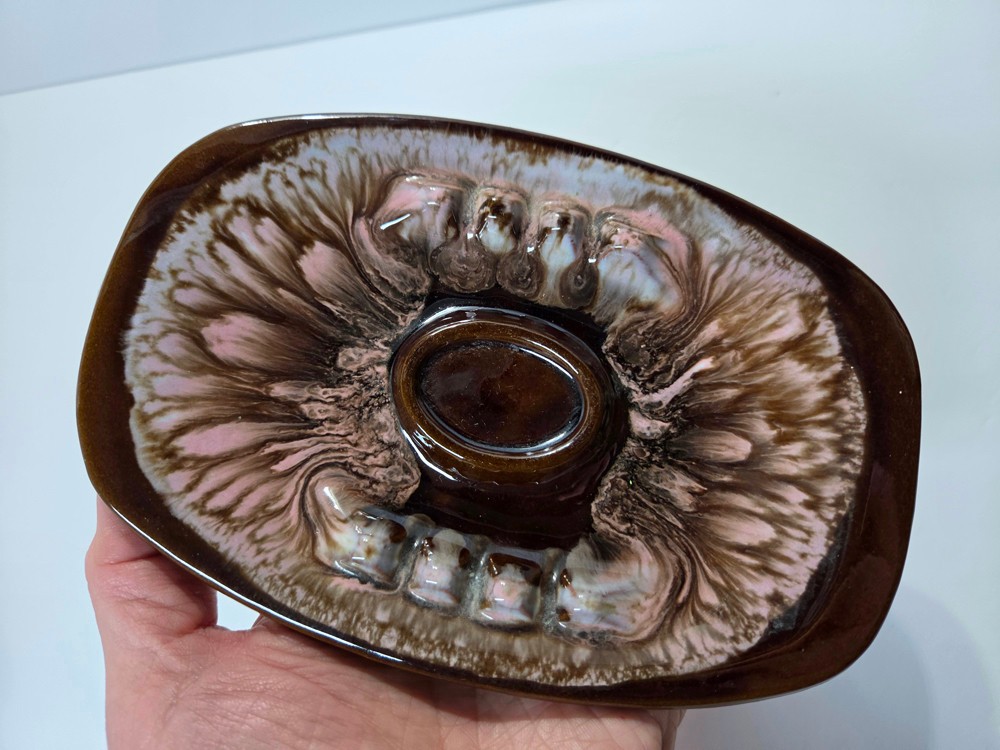 Vintage 1960s MCM Ceramic Drip Glaze Ashtray Trinket Dish Brown & Pink 7.25″