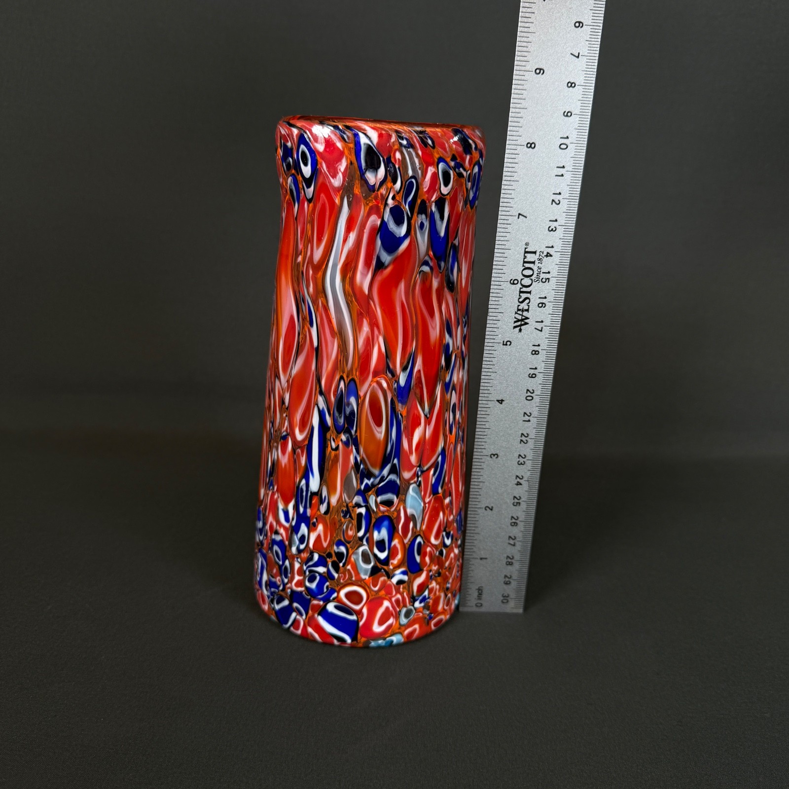 Murano Millefiori Art Glass Vase Red Orange Blue Multicolor 8″ Tall