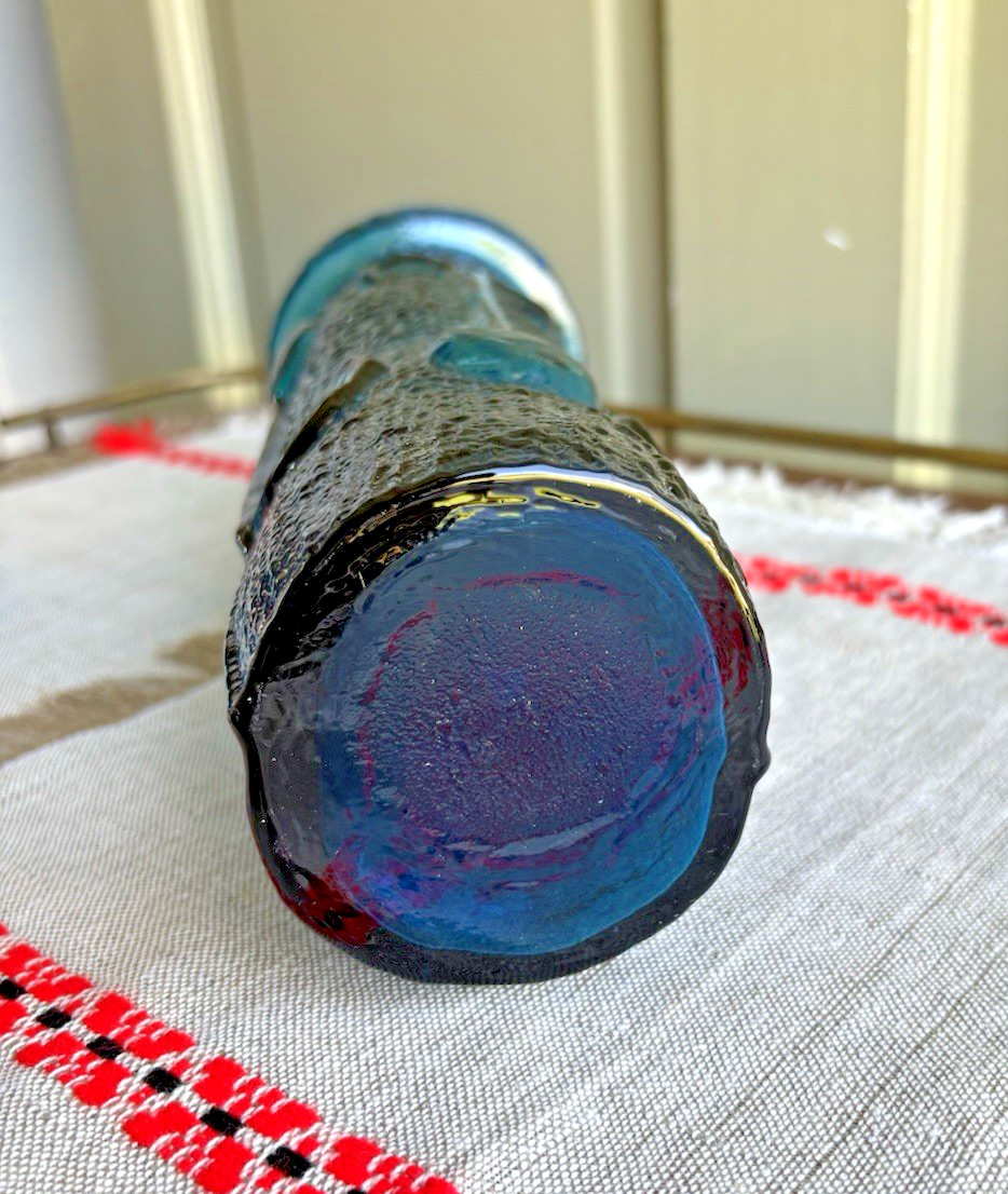 Vintage MCM Wayne Husted Blue Glass 14” Lidded Apothecary Jar Peacock Design