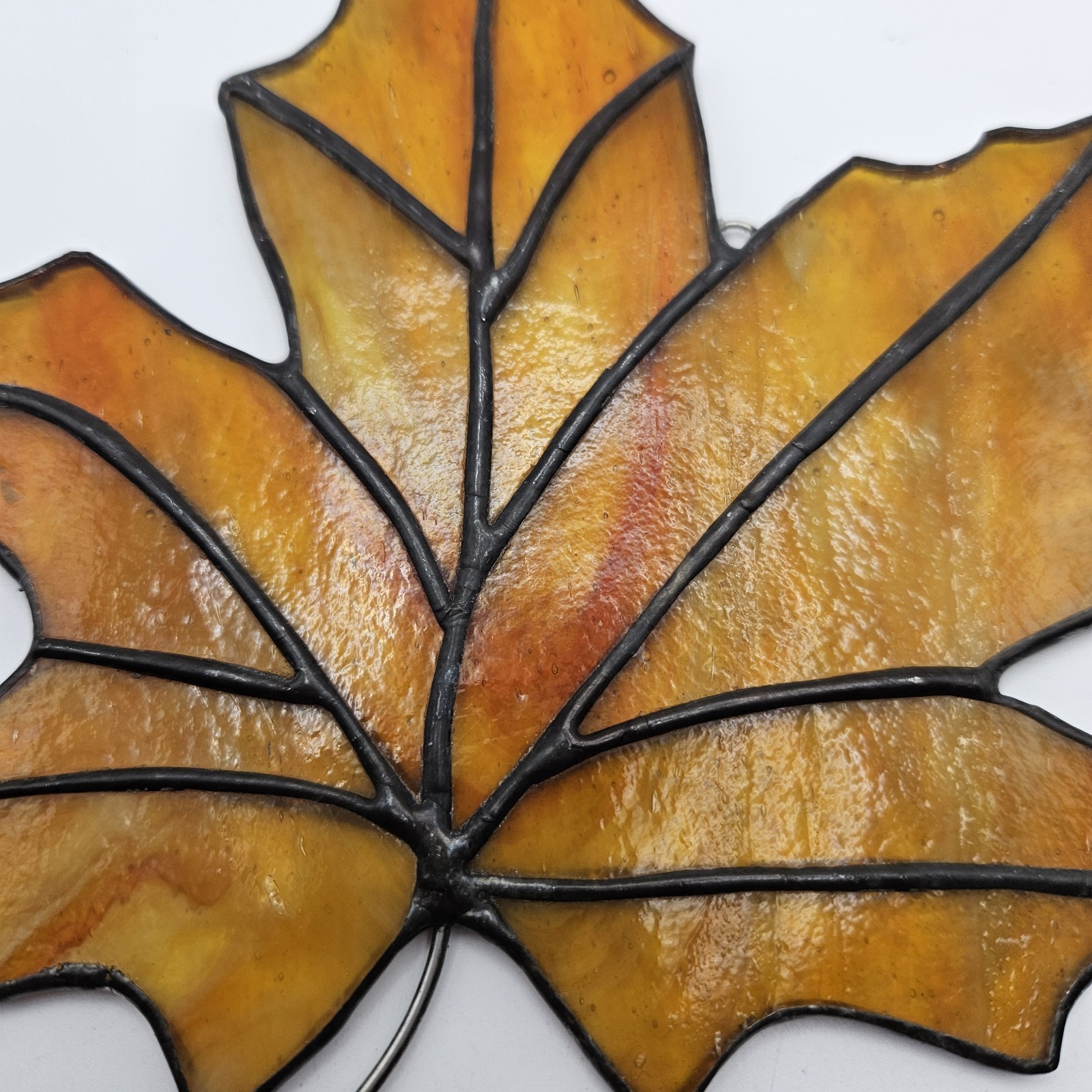 Hand-Crafted Stained Glass Art Glass Gold/Orange Maple Leaf with Hanging Loop 6”