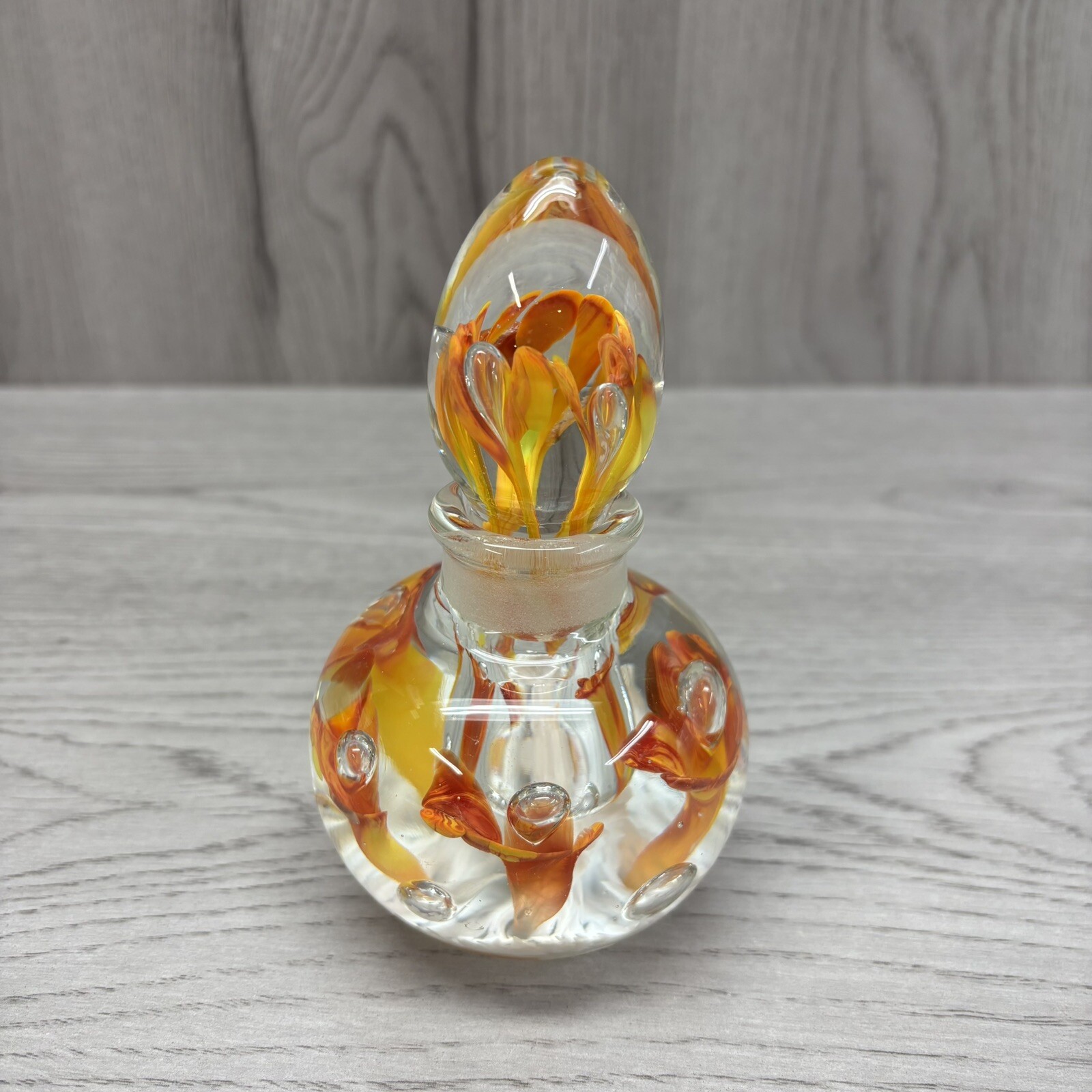Vintage Joe St Clair Art Glass Inkwell Bottle Paperweight Orange Flowers 6”