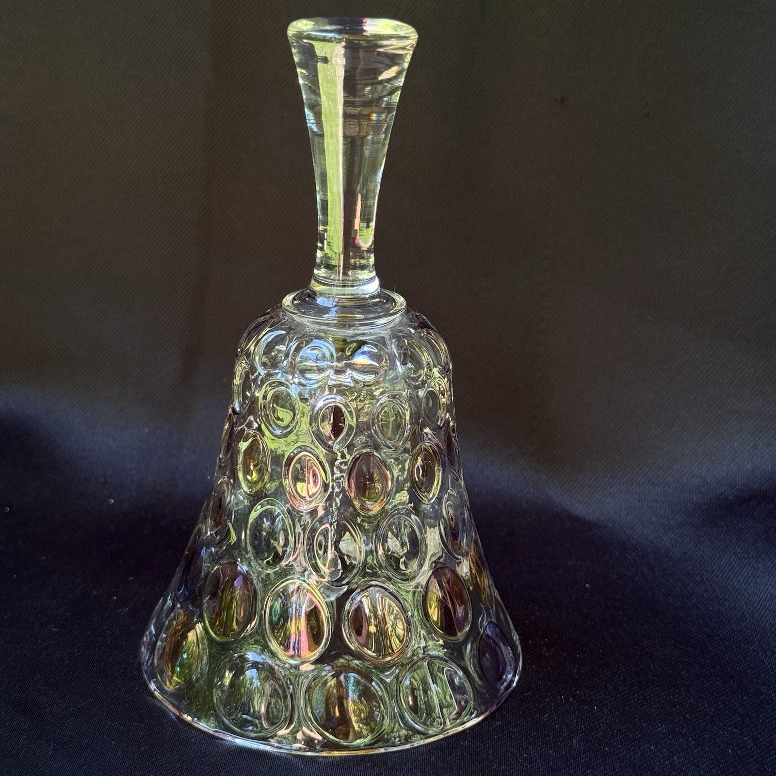 BOHEMIA Glass Bell Czech Republic Iridescent Coin Dot Crystal Hand Bell 5.5in