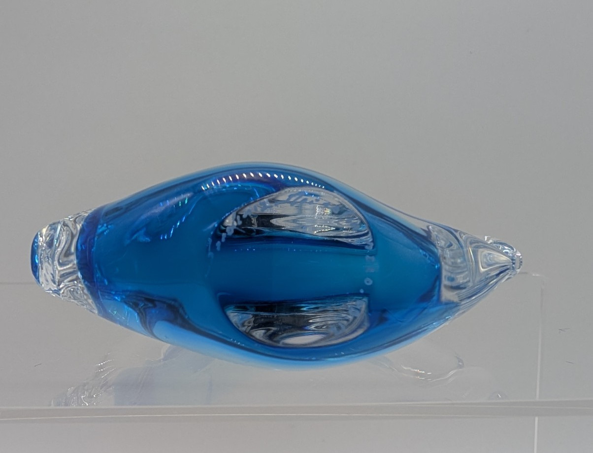 Josef Marcolin Signed Glass Paperweight Clear Blue Fish 3×4 Inches