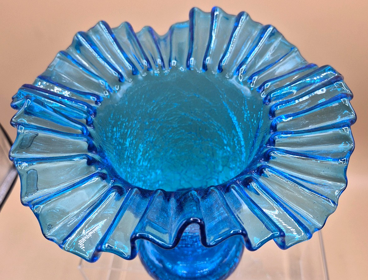 Vintage Beacon Blue Crackle Glass Ruffled Tulip Vase Pontil Base Excellent