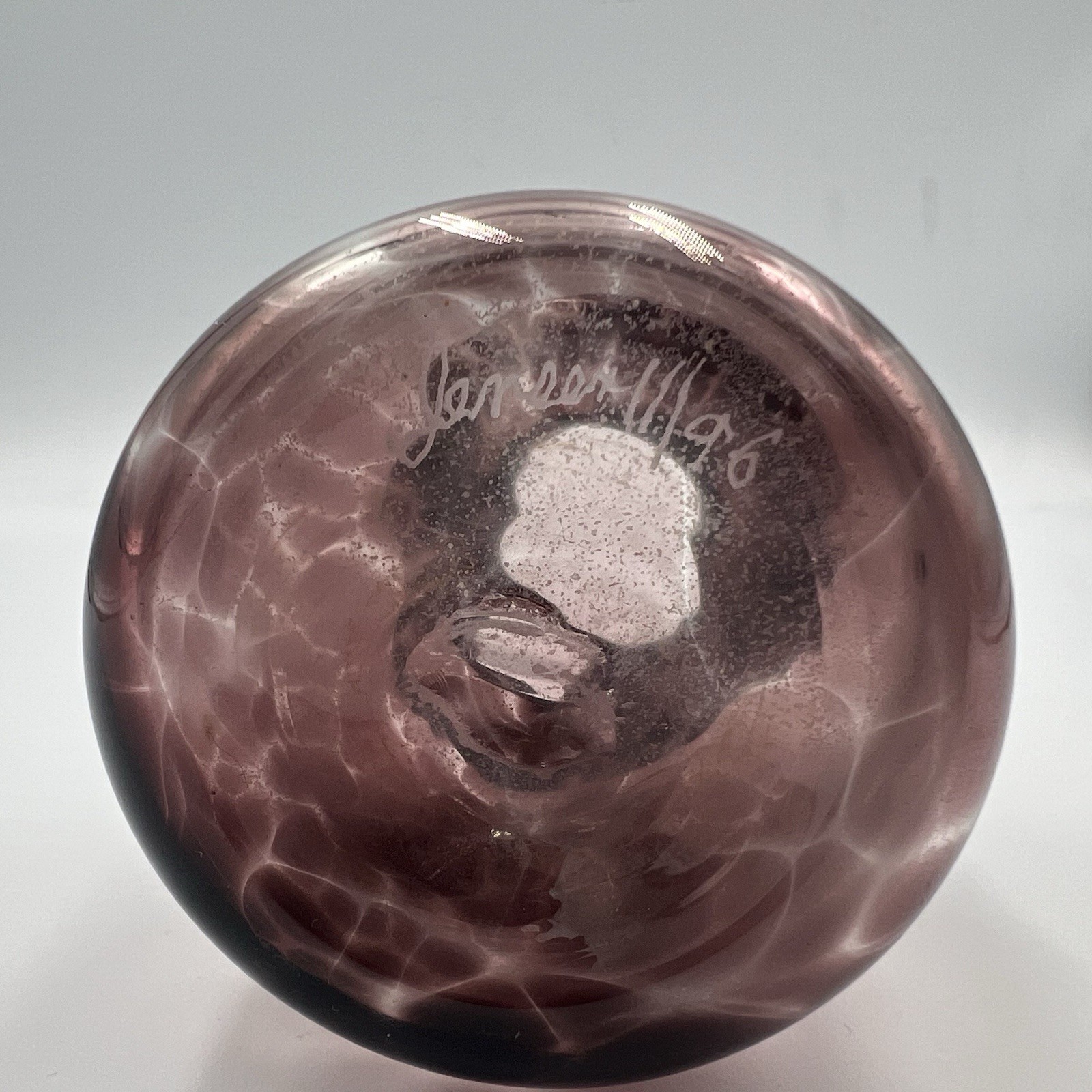 Amethyst Purple Pulled Feather 3.75” Studio Art Glass Vase | Signed Jensen 11/19