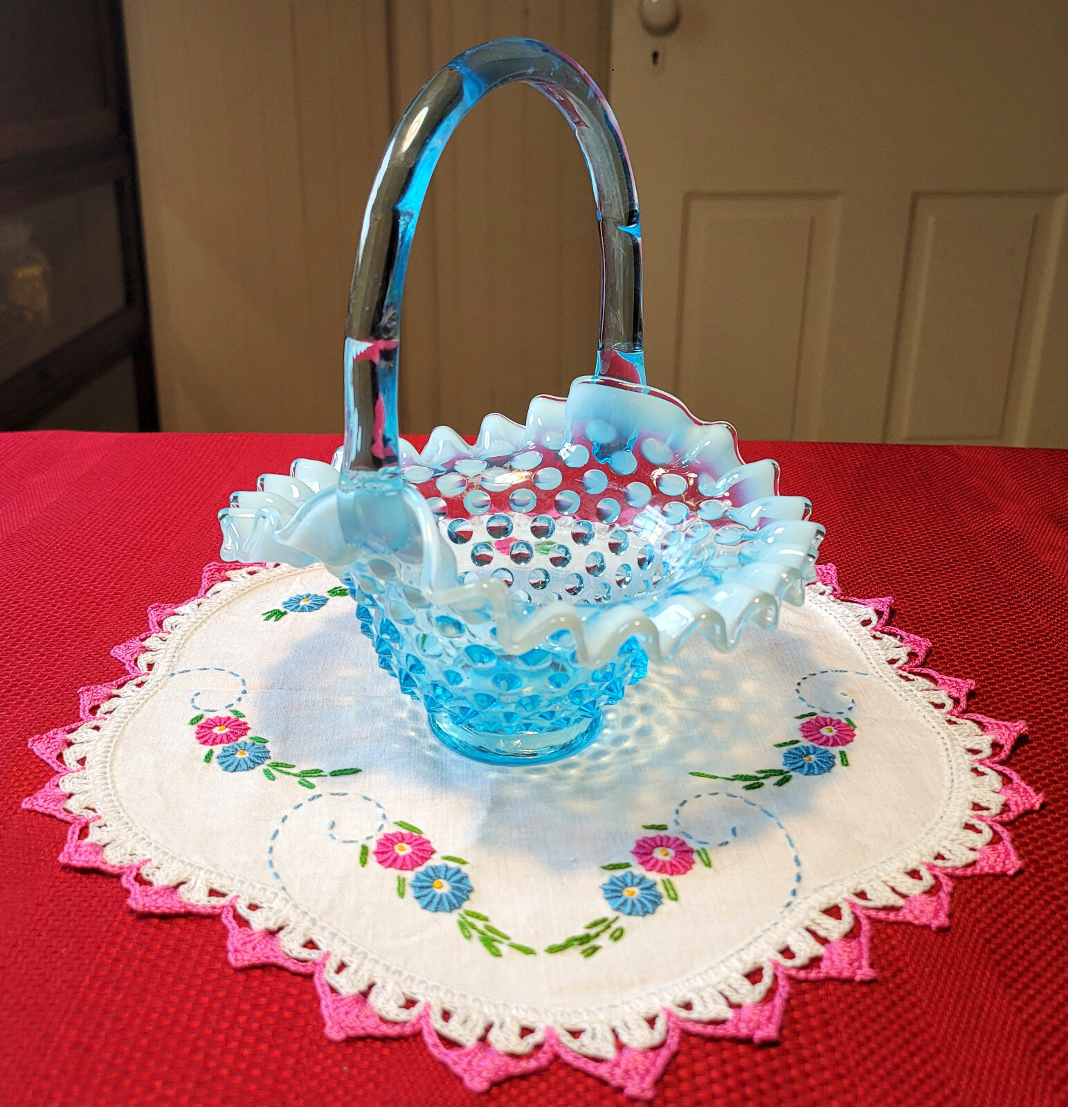 Vintage FENTON No. 3837 *BLUE OPALESCENT HOBNAIL* Glass BASKET 1940-55 1959 1978