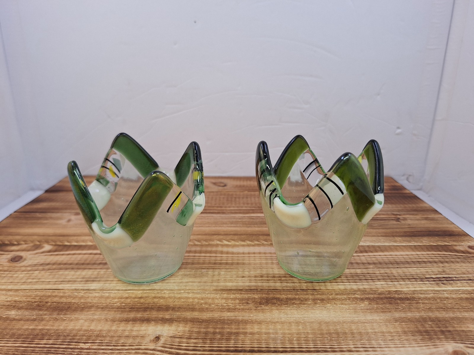X2 Studio Art Artist Signed K.H Fused Glass Green Handkerchief Votive Holder Lot
