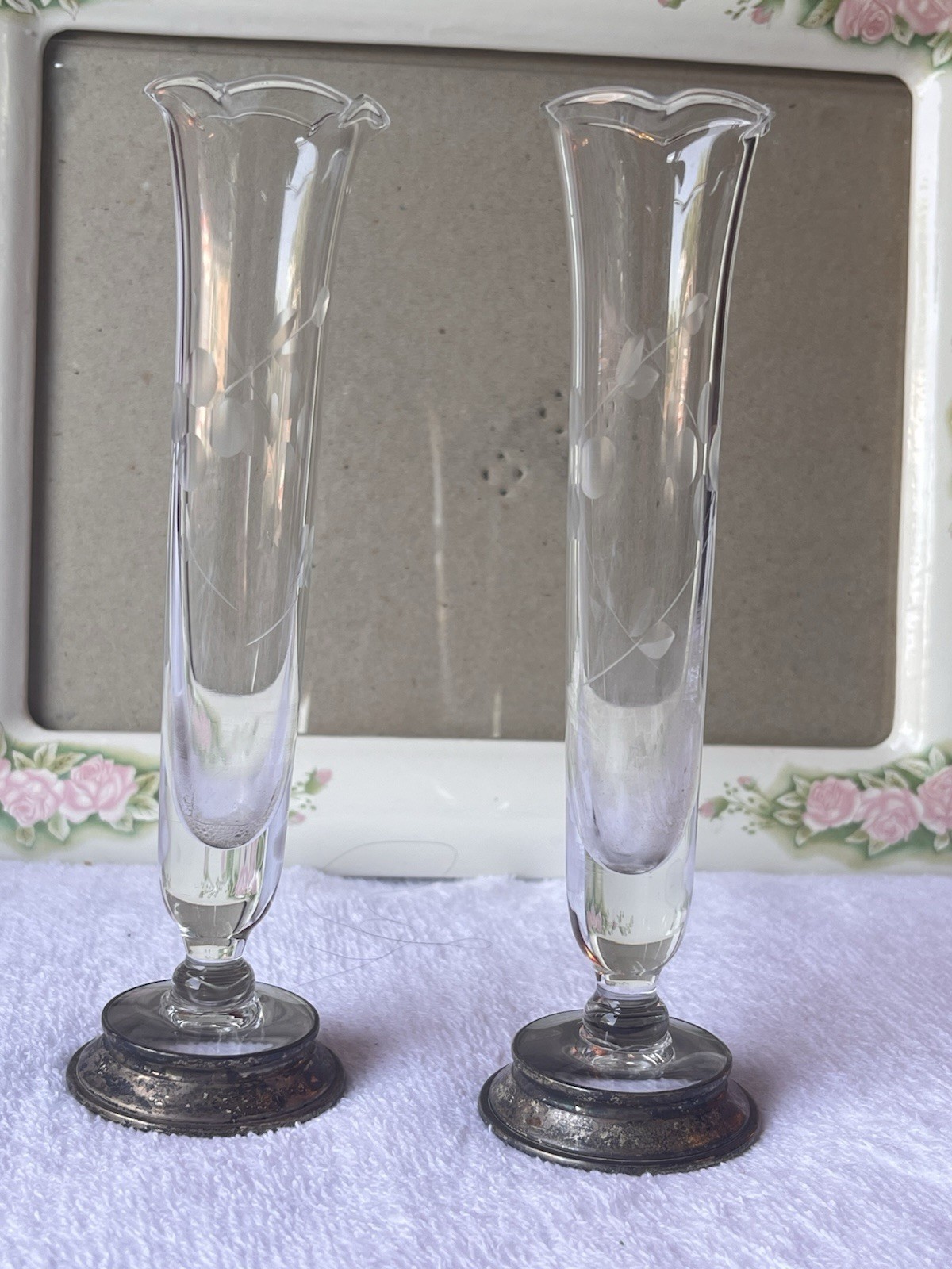 Vintage Pair Etched Clear Glass Bud Vases w/ Sterling Silver Bases STERLING