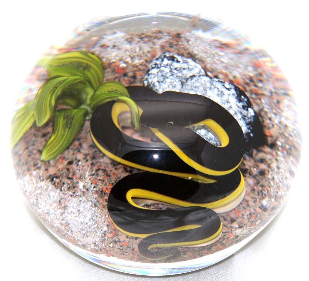 ALLURING Magnum VICTOR TRABUCCO Yellow Bellied Black SNAKE Art Glass PAPERWEIGHT