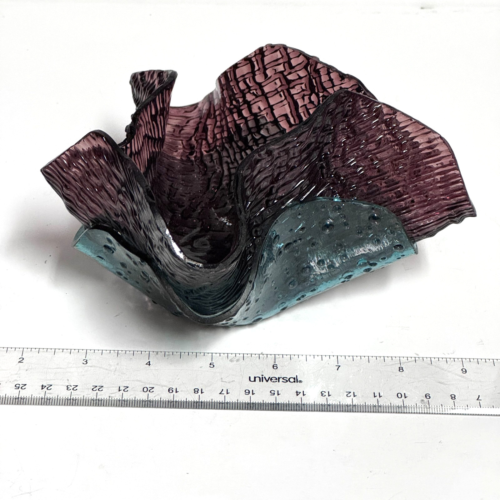 Purple Blue Fused Handmade Art Glass Woven Handkerchief Ruffle Vase Candleholder
