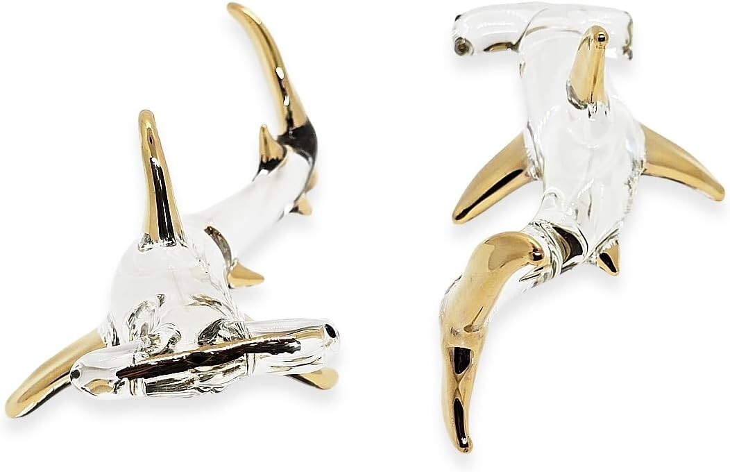 5½” L Clear Gold Hammerhead Shark Figurine Blown Glass Crystal Fish Sea Animals