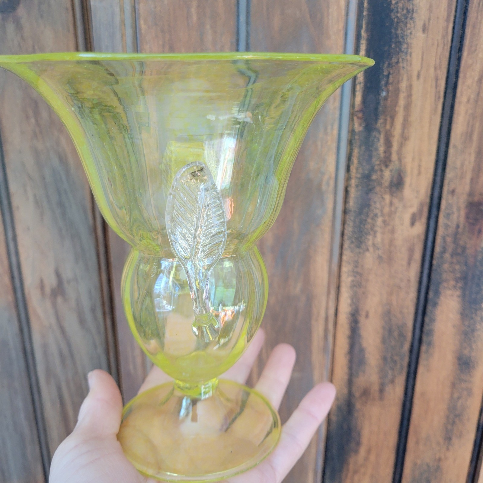 Vintage Yellow Blown Glass Trophy Vase MCM Clear Leaf Handles 6.75in Art Glass