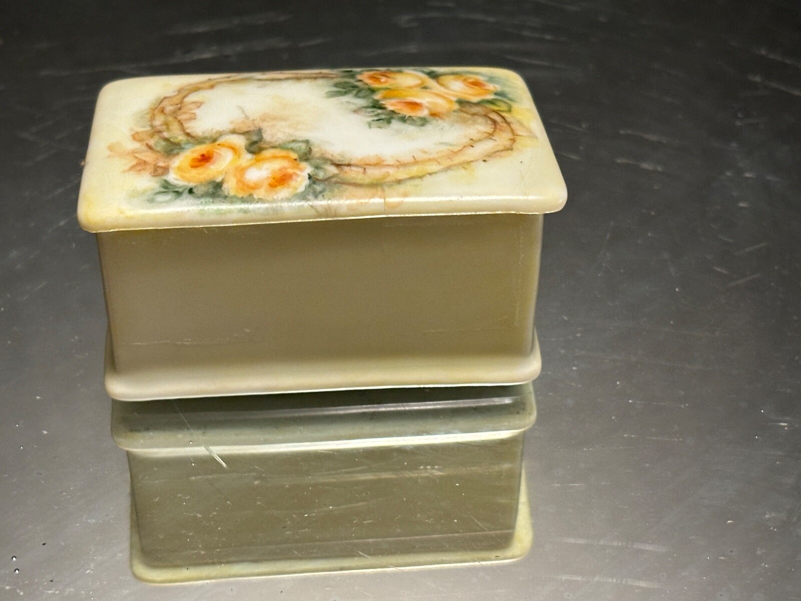 RS Germany Porcelain Stamp Box Vintage Hand Pntd Lid Signed Iridescent Interior