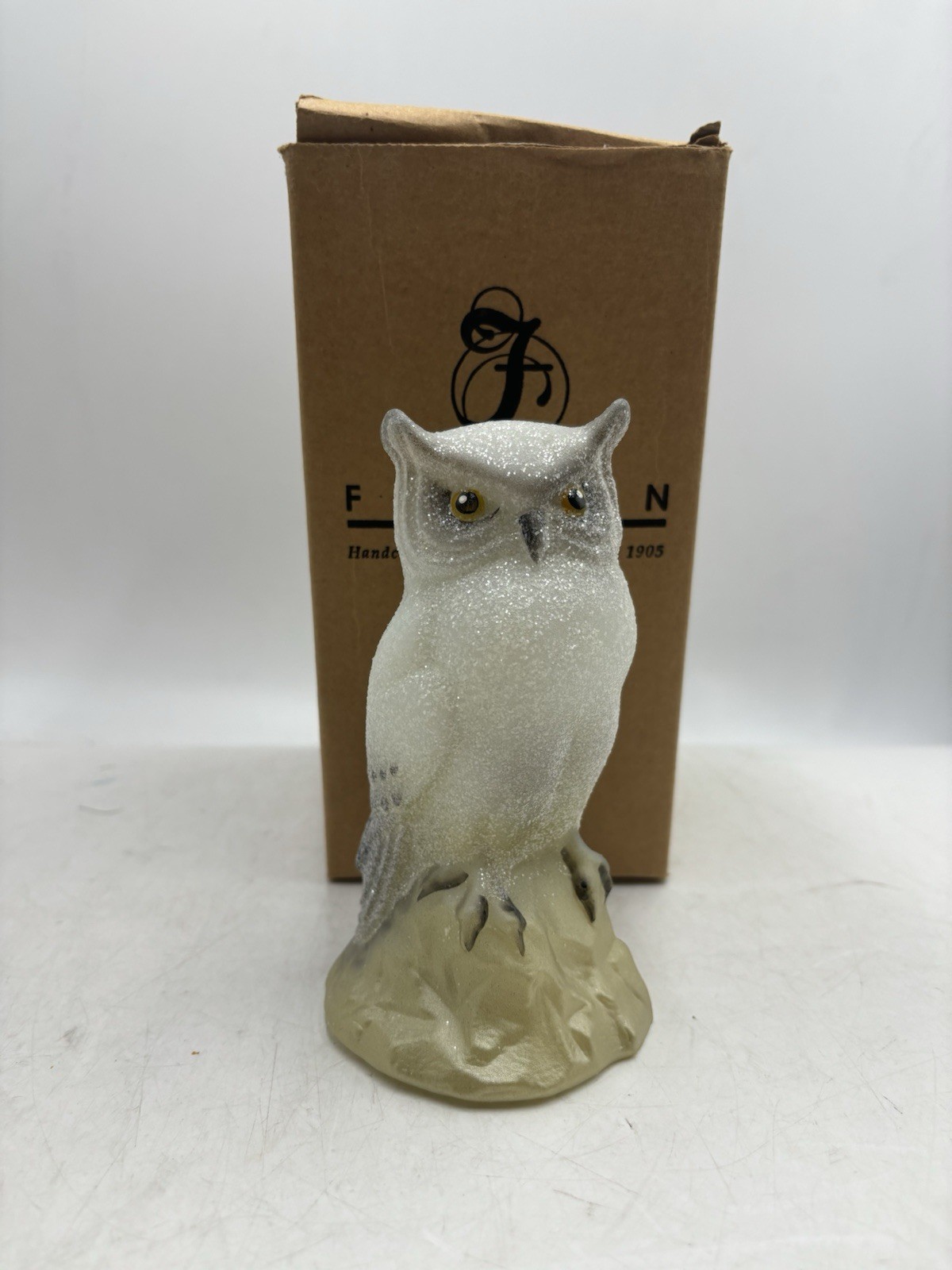 QVC 2009 Fenton OPAL SATIN GLITTER SNOW OWL ON ROCK FIGURINE W BOX 6”