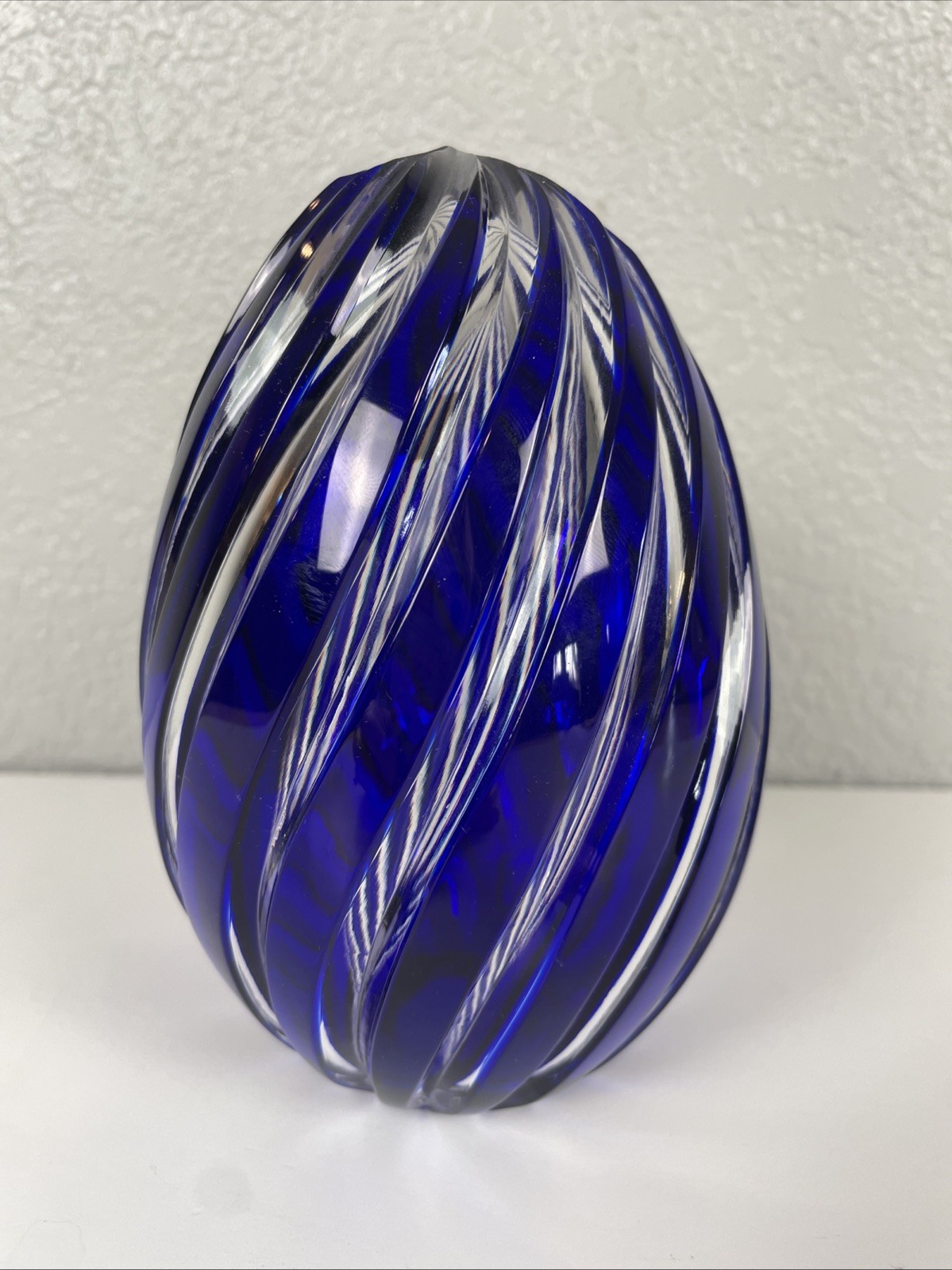Ajka Crystal Swirl Cut To Clear Cobalt Blue Hollow Egg Paperweight 6” Hungary
