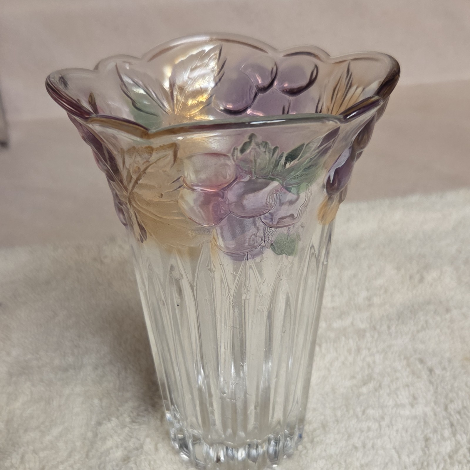 Vintage Decorative Glass Vase, Clear Purple Gold Green, Floral Embossed
