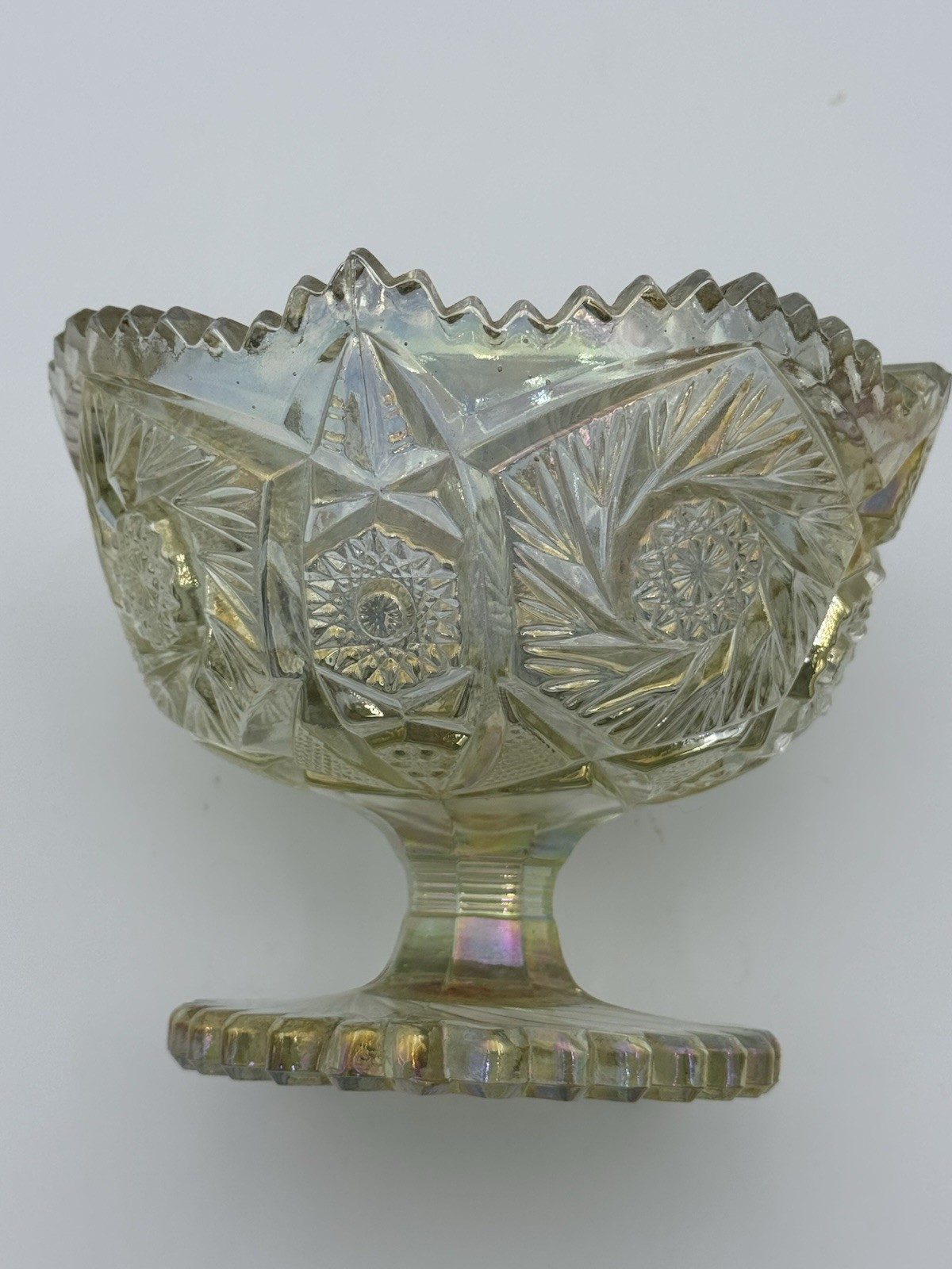 LE Smith Compote Aztec Heritage Iridescent Carnival Glass Whirling Star Pattern
