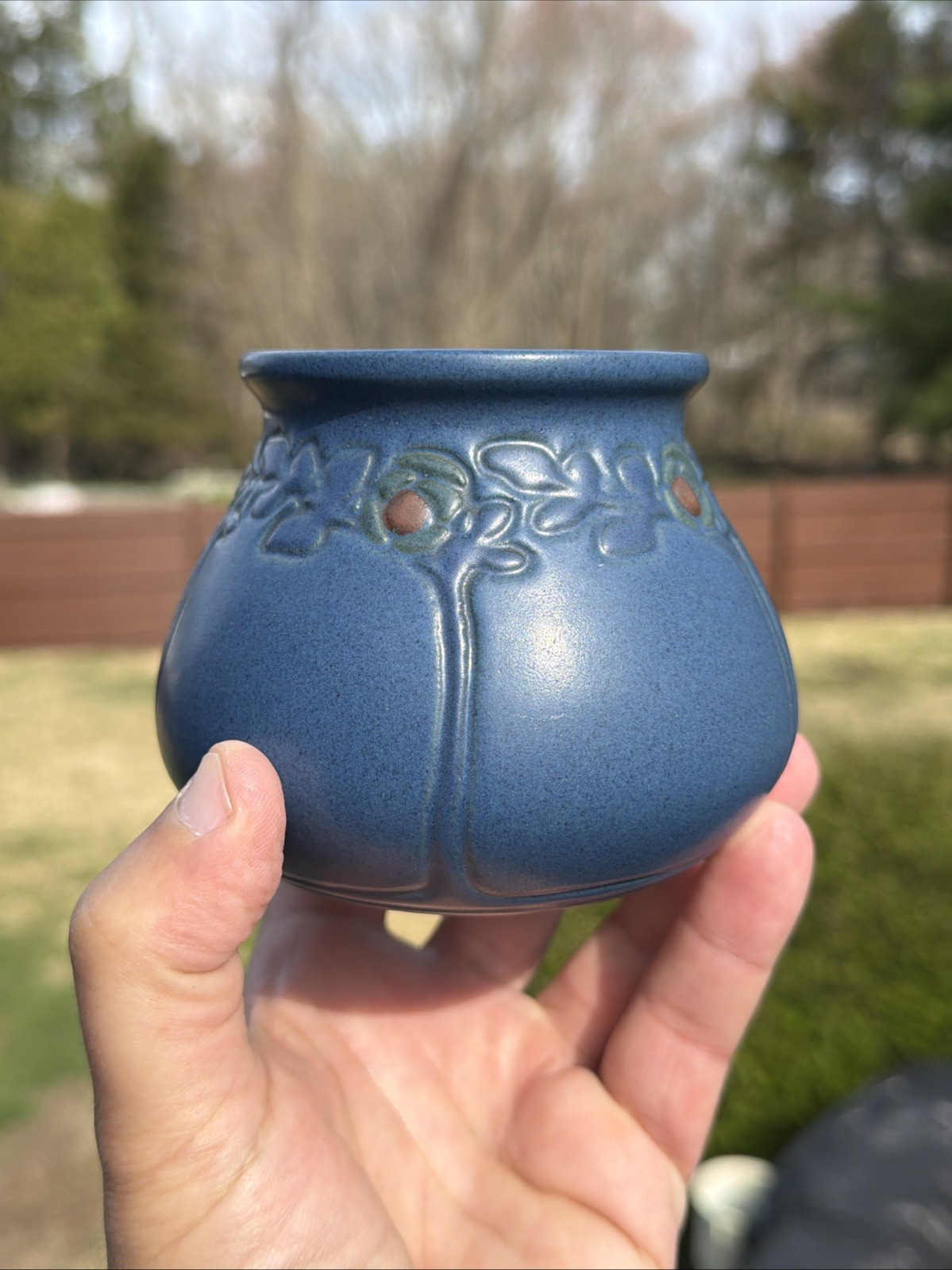 MARBLEHEAD POTTERY ARTS & CRAFTS BLUE VASE WITH BERRIES & FRUITING TREES