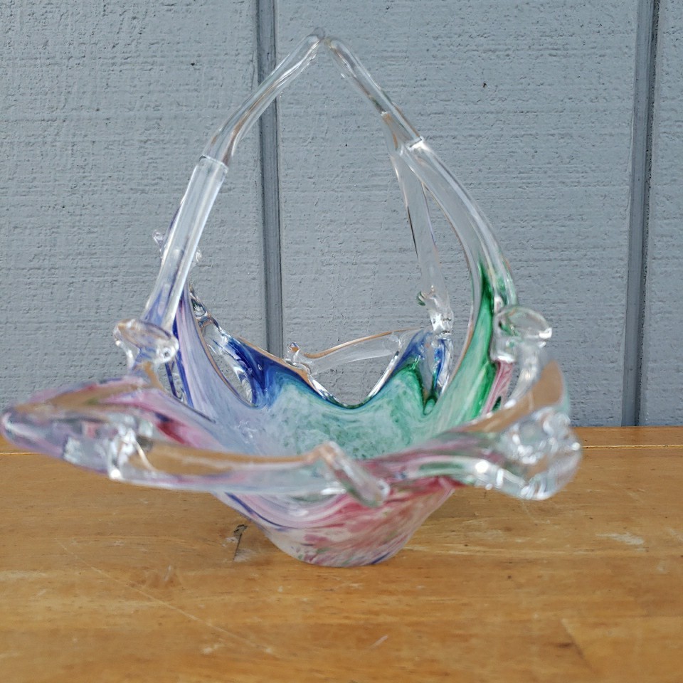 Authentic MURANO Colorful Swirl Hand Blown Glass Basket Candy Dish ITALY 8″