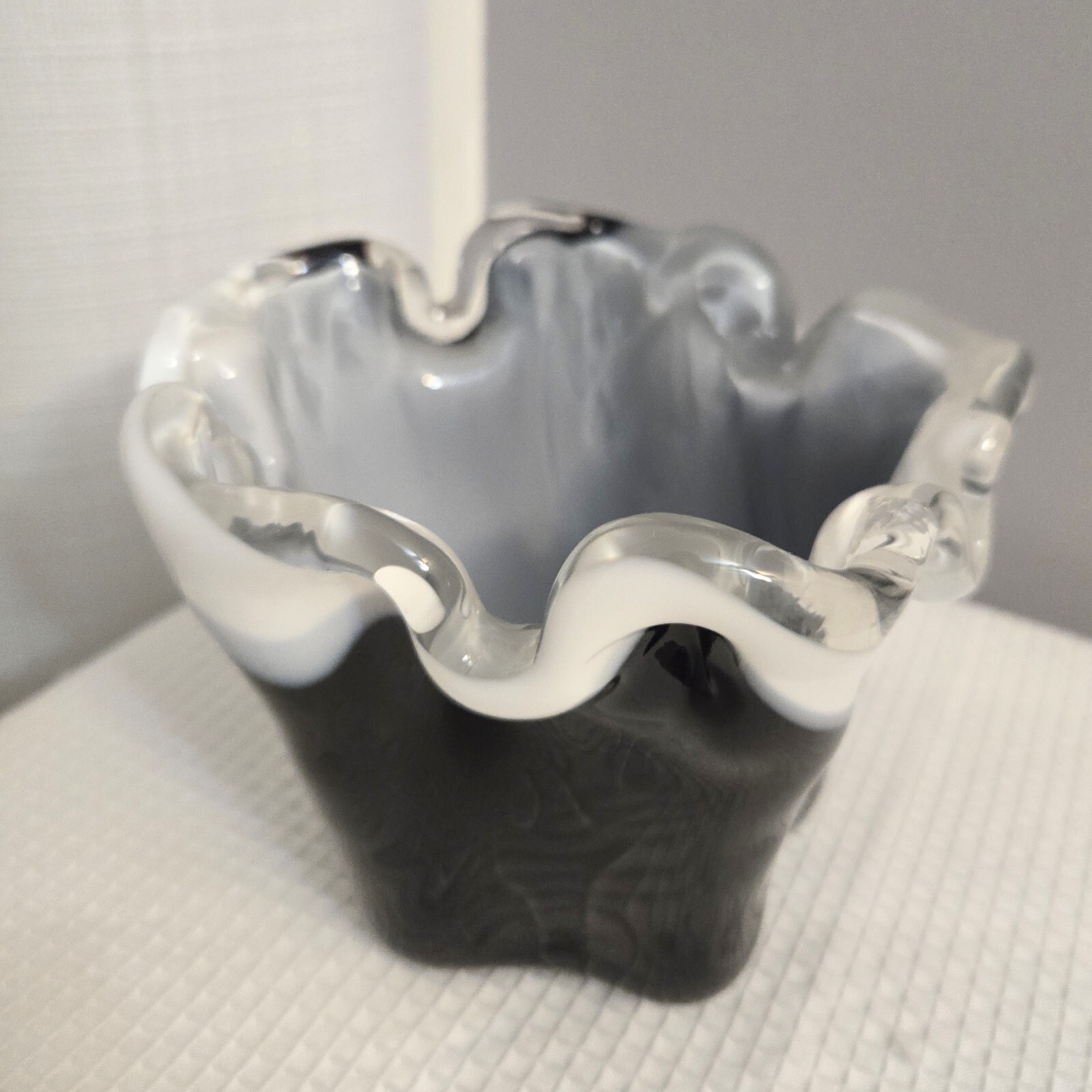 Cased Black Art Glass Vase White Clear Crest Ruffle Square Base Handcrafted