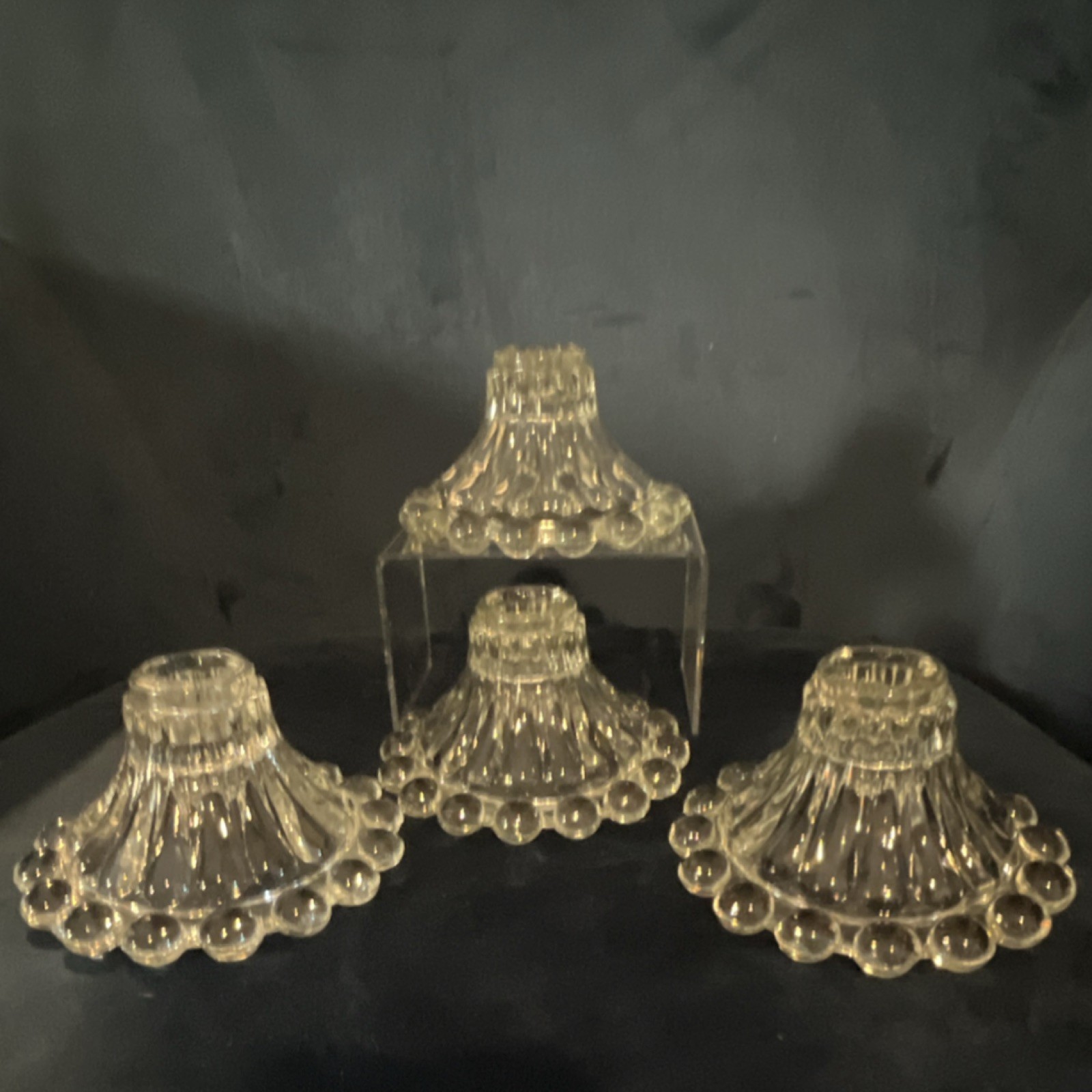 Set of 4 Clear Glass Candle Holders Beaded Edge Decorative Pressed Glass