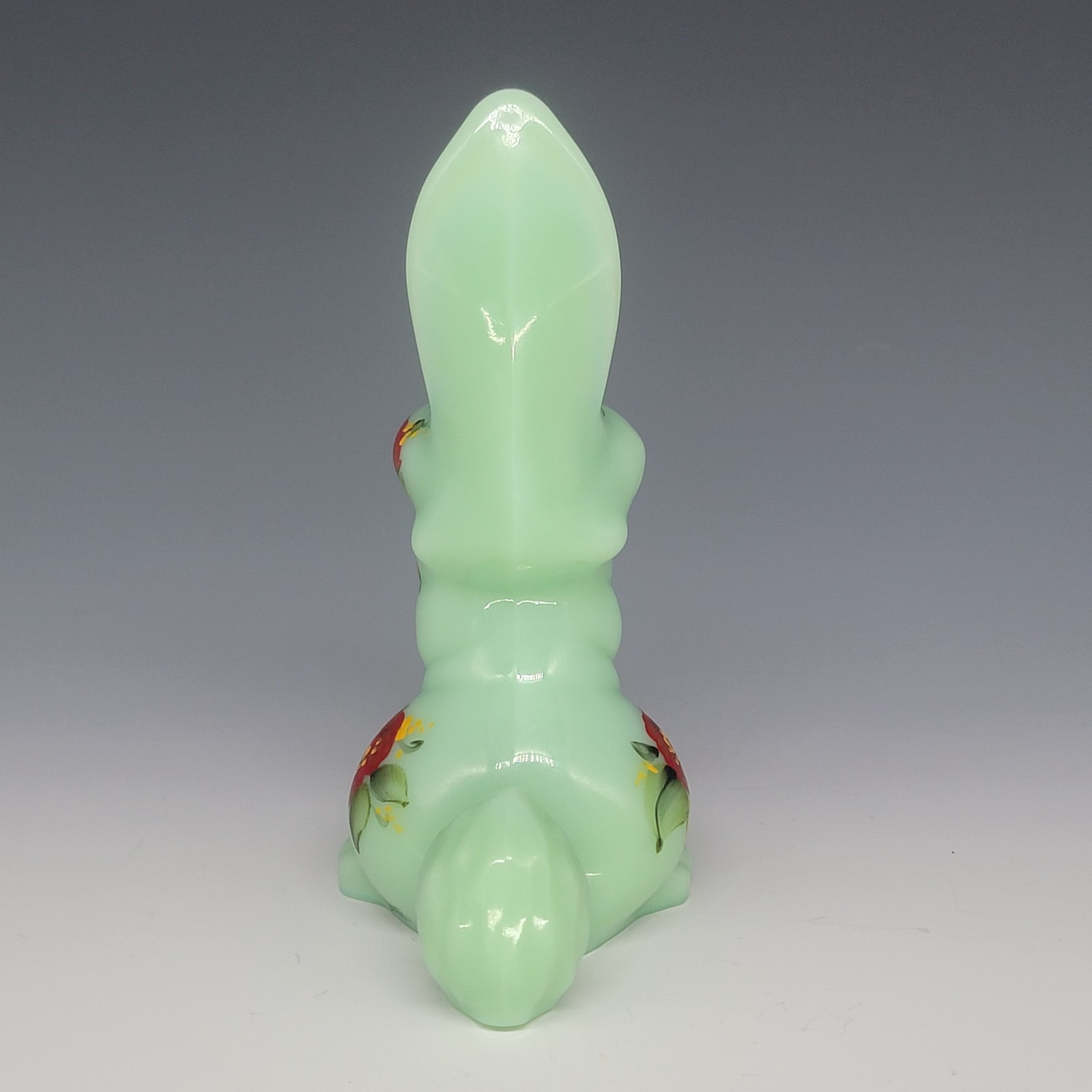 Vintage MOSSER Glass Jadeite Jade Green Thumper Rabbit Hand Painted Signed 6.5”