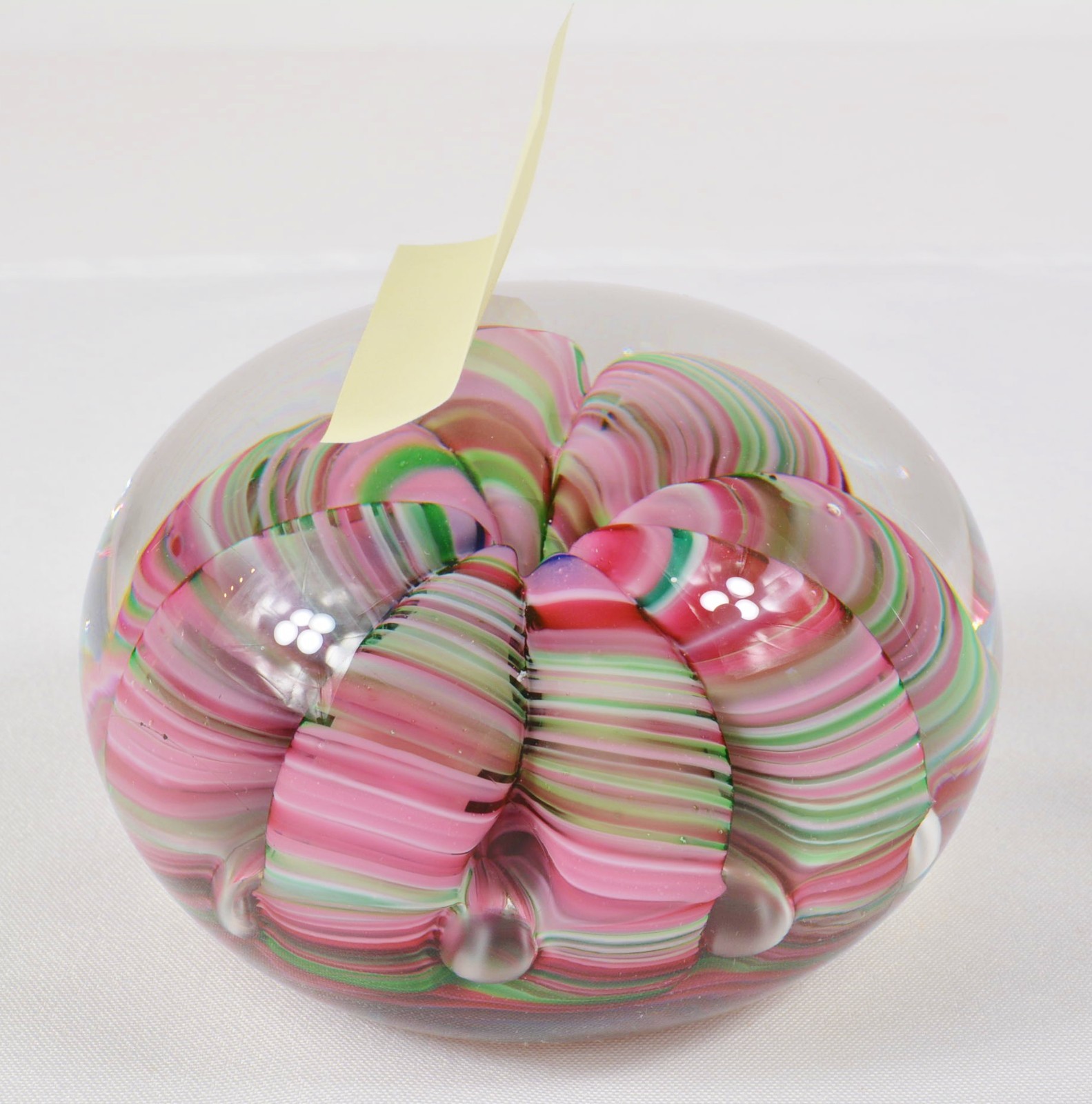 Vtg Joe St Clair Large Ribbon Crimp Glass Paperweight Pink Green Swirl Bubbles