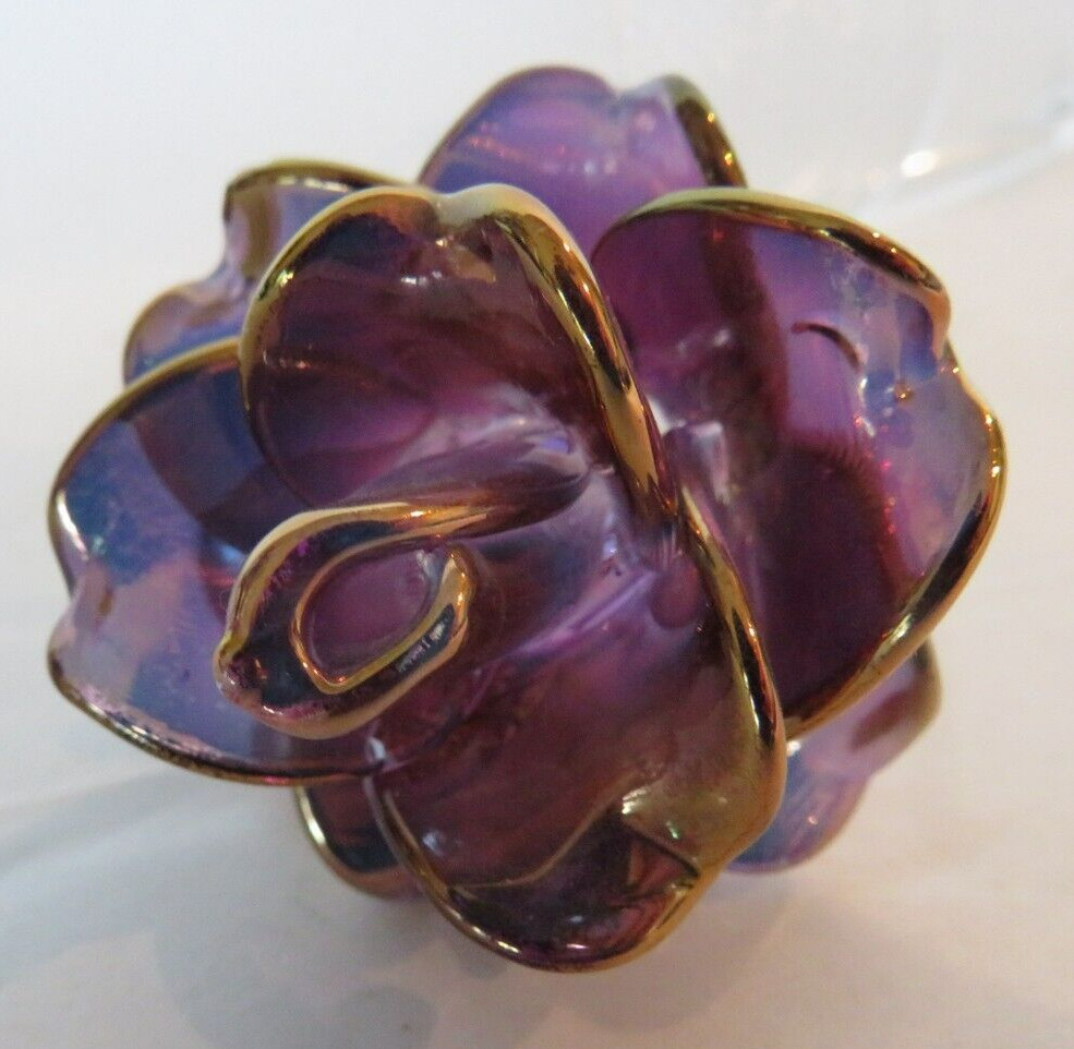Vintage Hand Blown Rose Flower Art Glass Purple Gold Tip Beauty Belle Gift