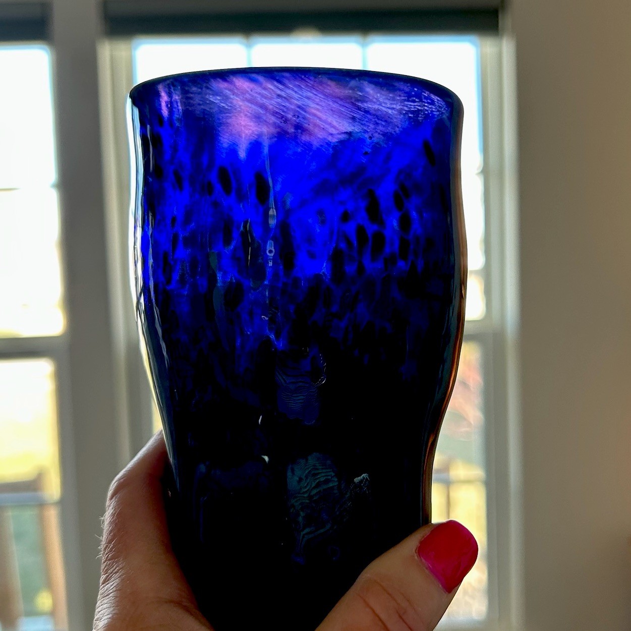 Signed Studio Art Glass Hand Blown Cobalt Blue Purple Tall Tumbler Vase Vintage