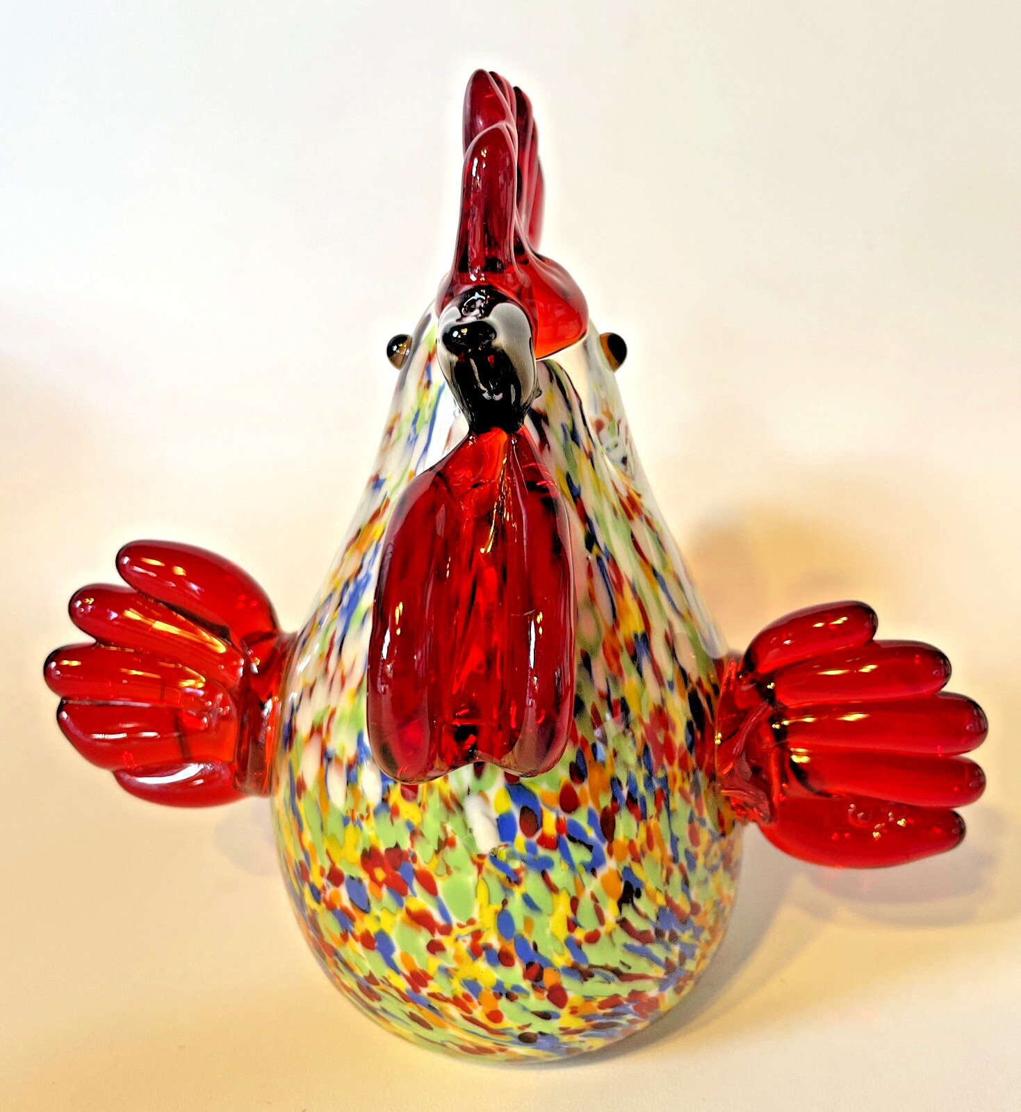 Art Glass Rooster Figurine Multi-Colored Speckled Body