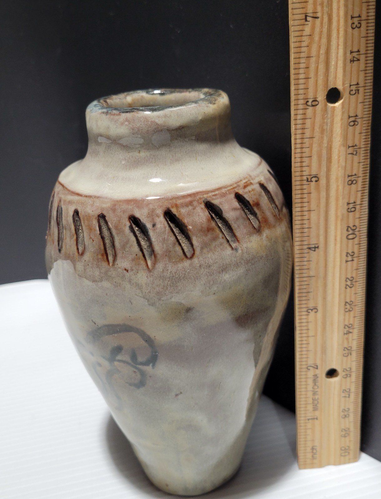 Handmade Studio Art Pottery Vase, Prehistoric Style Design Cave Drawings Signed