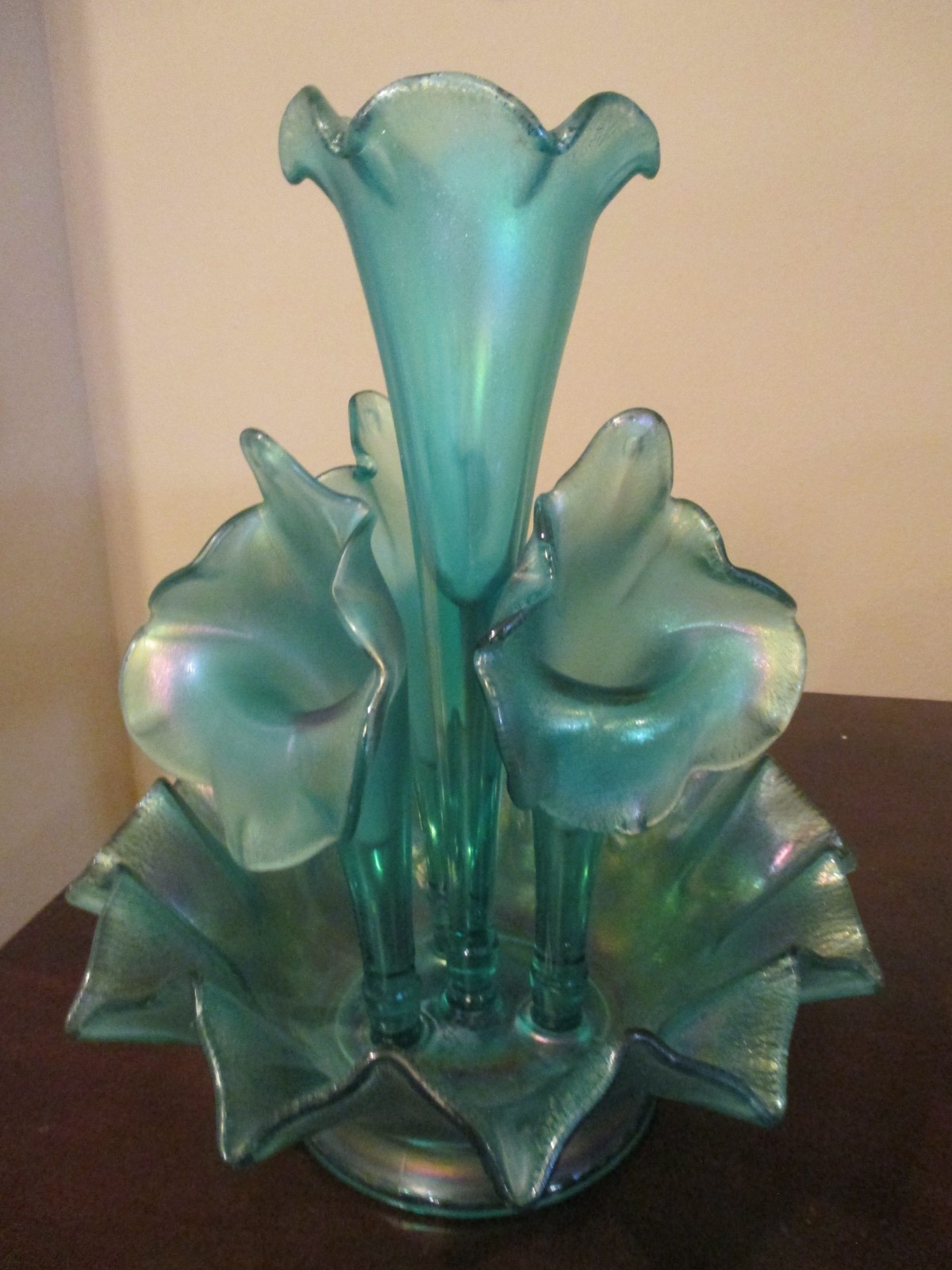 FENTON LG Wright Opalescent Blue Teal Aqua Glass 4 Horn Epergne 1994 13” SIGNED