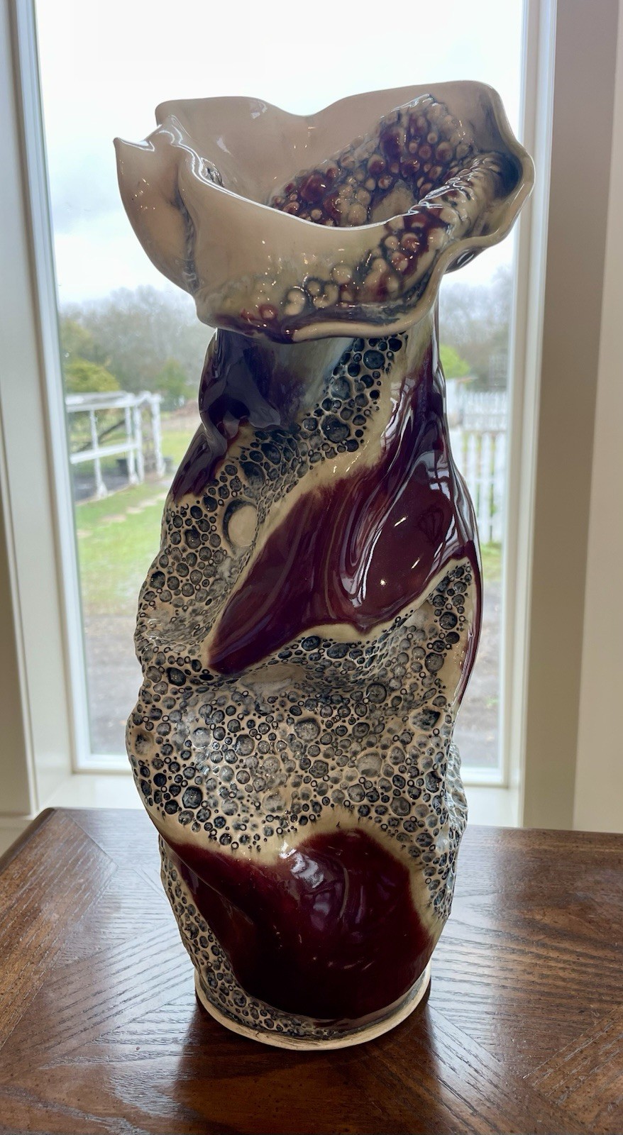 Exquisite Artist Signed Pottery Handmade Sculpted Vase Red Maroon Gray Cream