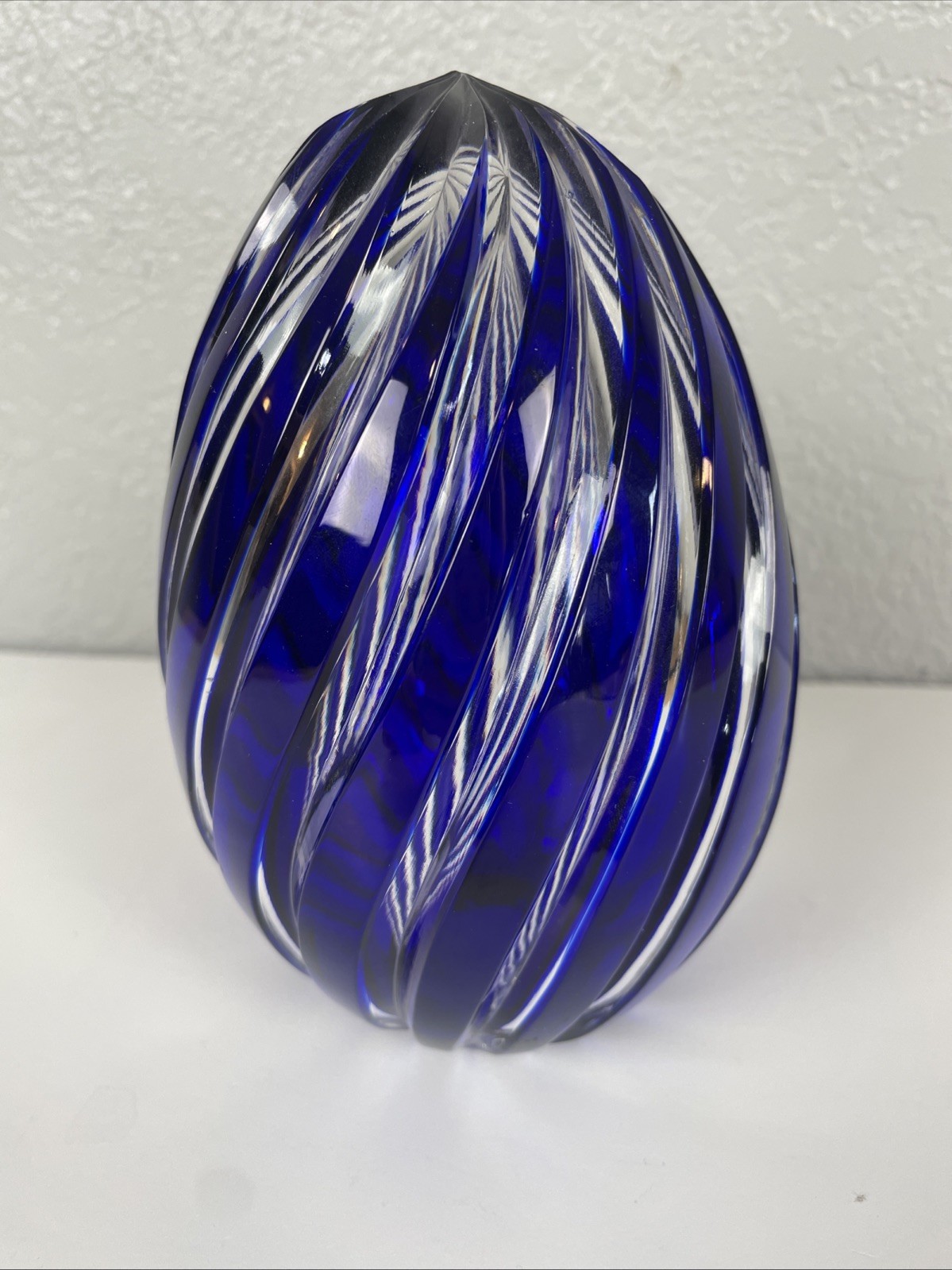 Ajka Crystal Swirl Cut To Clear Cobalt Blue Hollow Egg Paperweight 6” Hungary