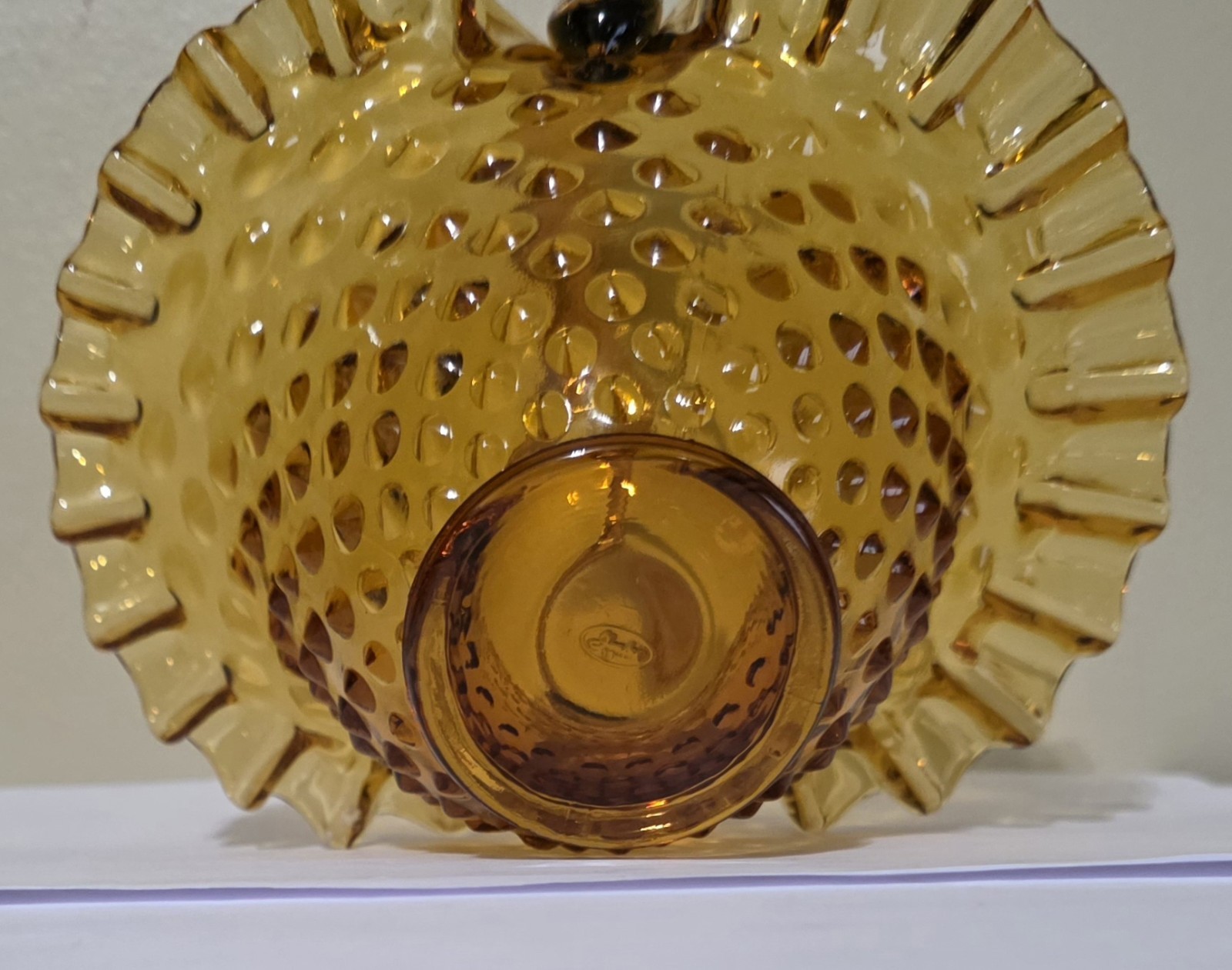 Vintage Fenton Basket Hobnail Ruffle Handle 8″ Tall Amber Art Glass Candy Dish