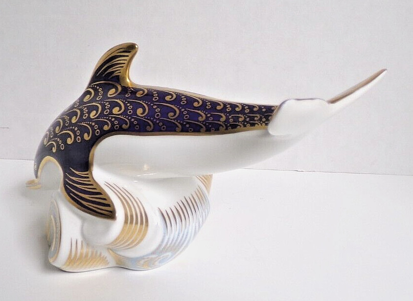 Royal Crown Derby Cobalt Imari Dolphin Porcelain Paperweight 1987 Marked 3.5”