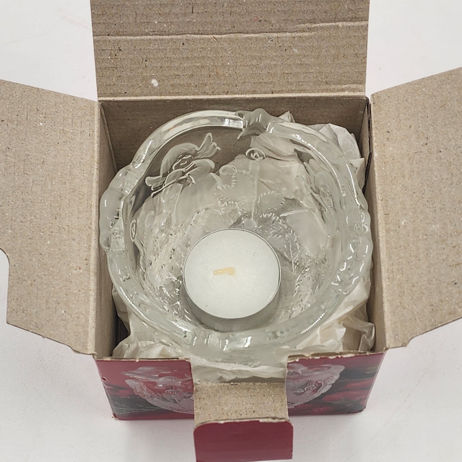 Mikasa Christmas Holiday Lights Candle Holder w Angels Crystal Frosted Glass 3″