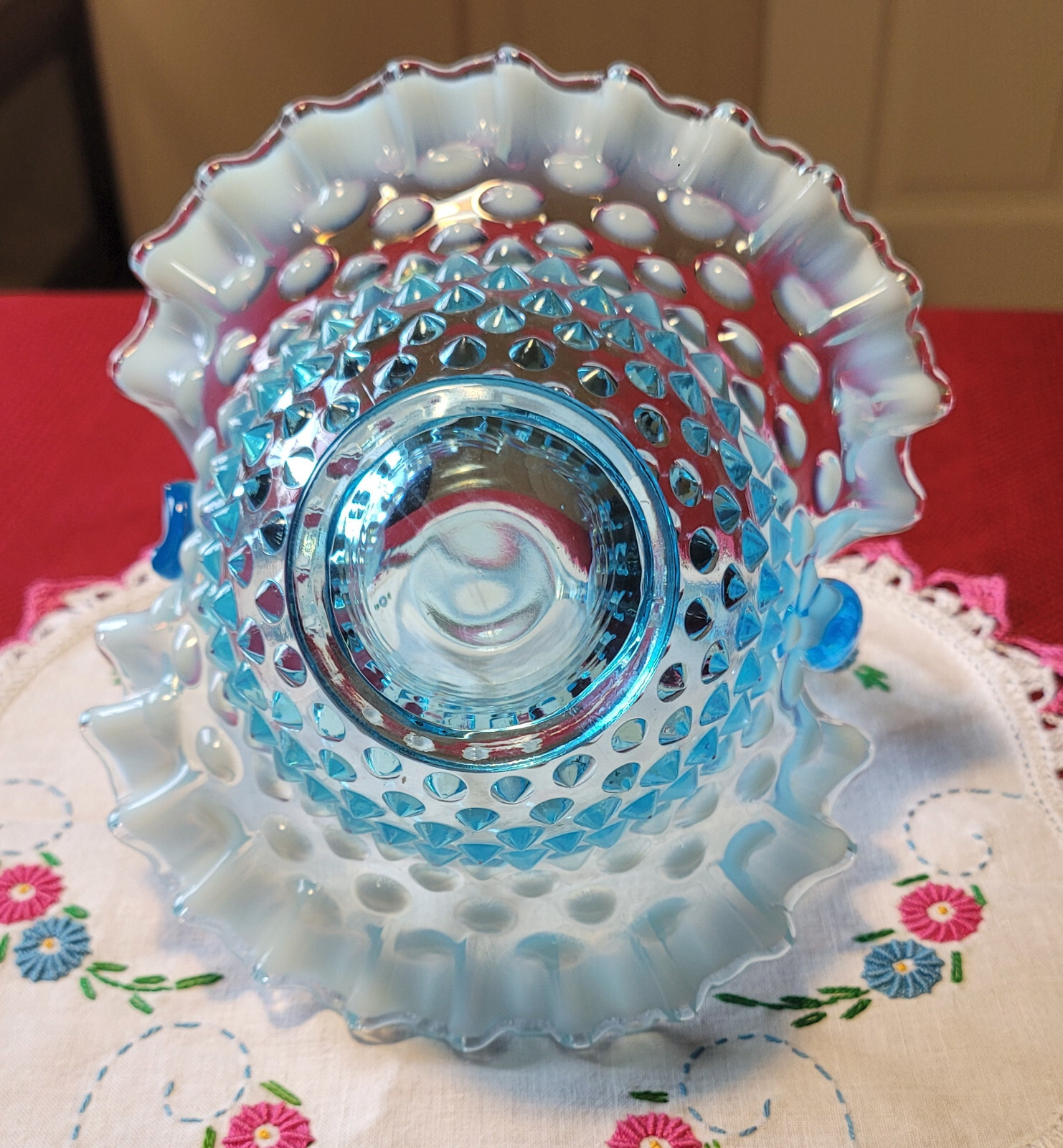 Vintage FENTON No. 3837 *BLUE OPALESCENT HOBNAIL* Glass BASKET 1940-55 1959 1978