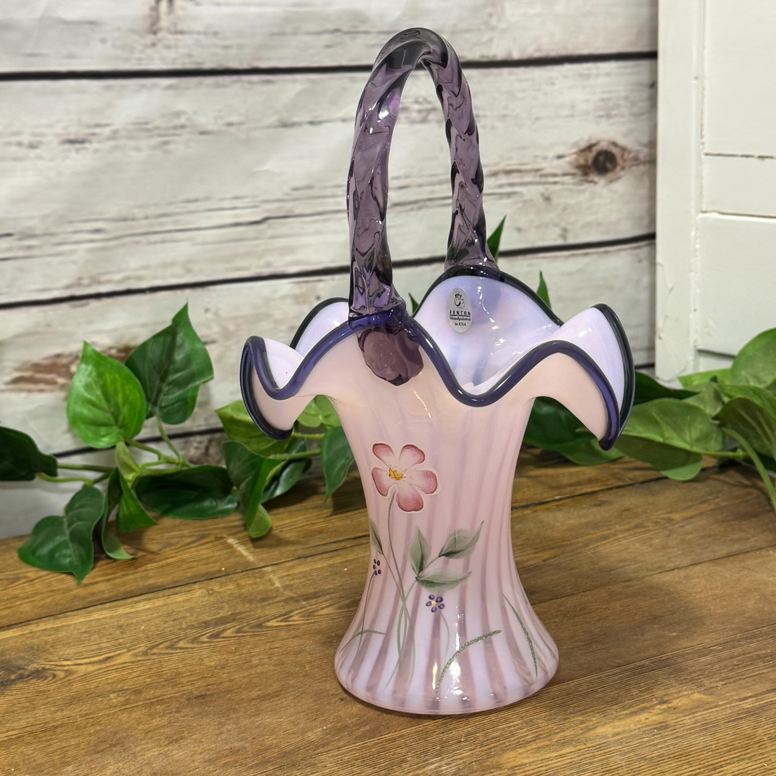 FENTON BASKET VASE PINK CHIFFON OPALESCENT SQUARE TWIST HANDLE BUTTERFLY FLOWERS