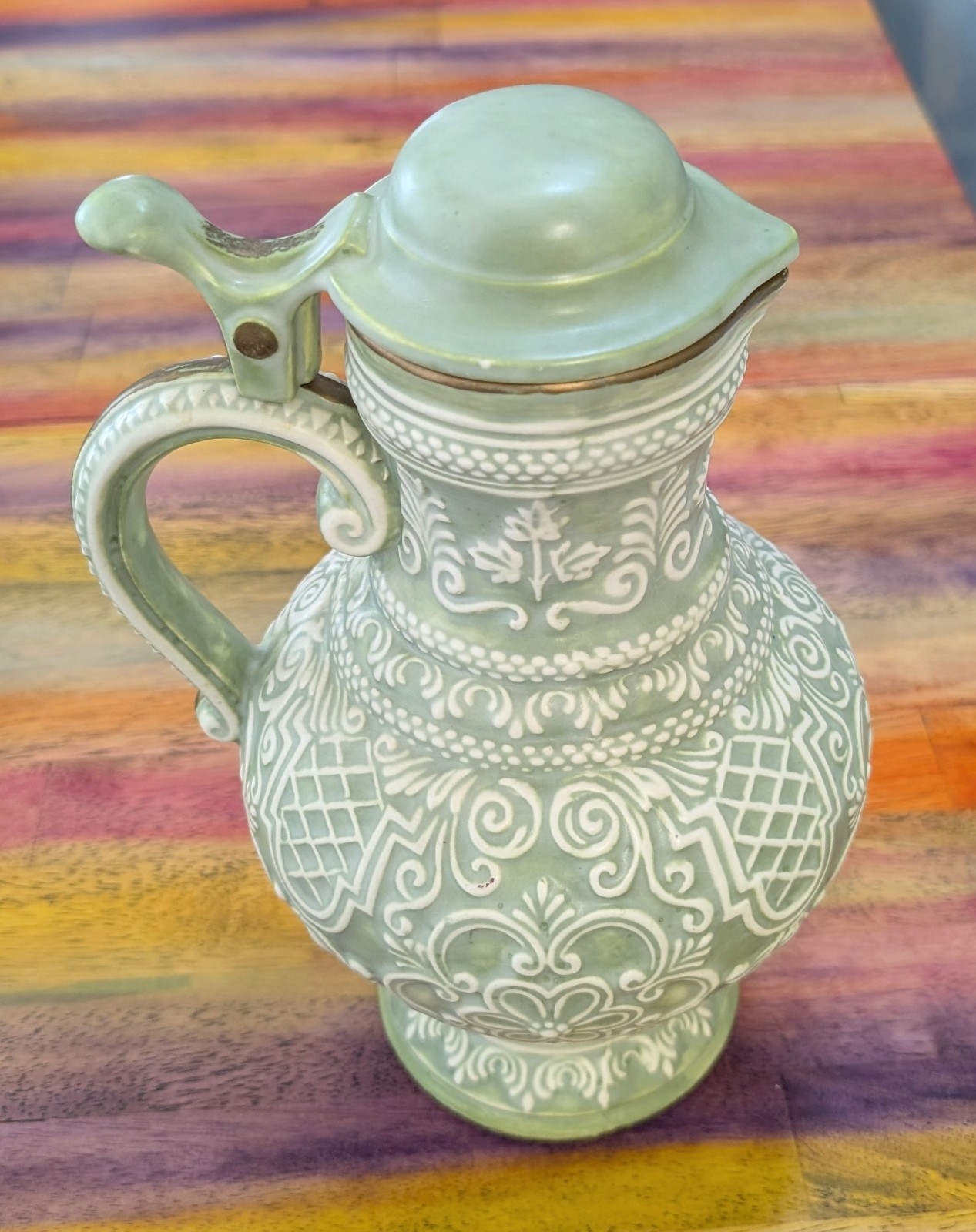 ⭐ Vintage Atlantic Mold Pitcher Vase Pottery Hand Painted 1975 Floral Design Lid