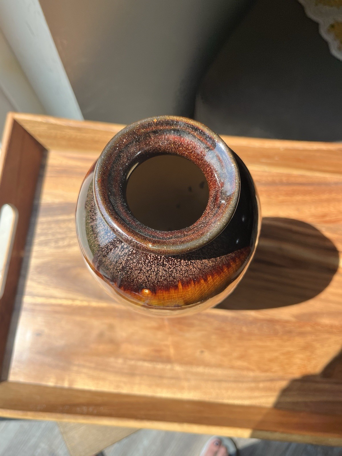 Glossy Glazed Pottery Decorative Ceramic Vase Brown Red Amber Drip Glaze