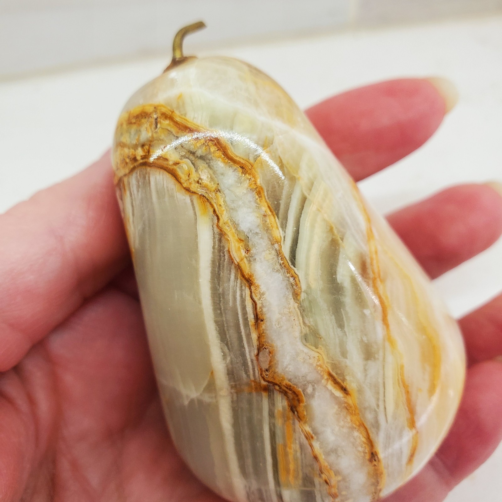 Onyx Pear Paperweight Sculpture Polished Stone Metal Stem Pakistan Tag Bottom