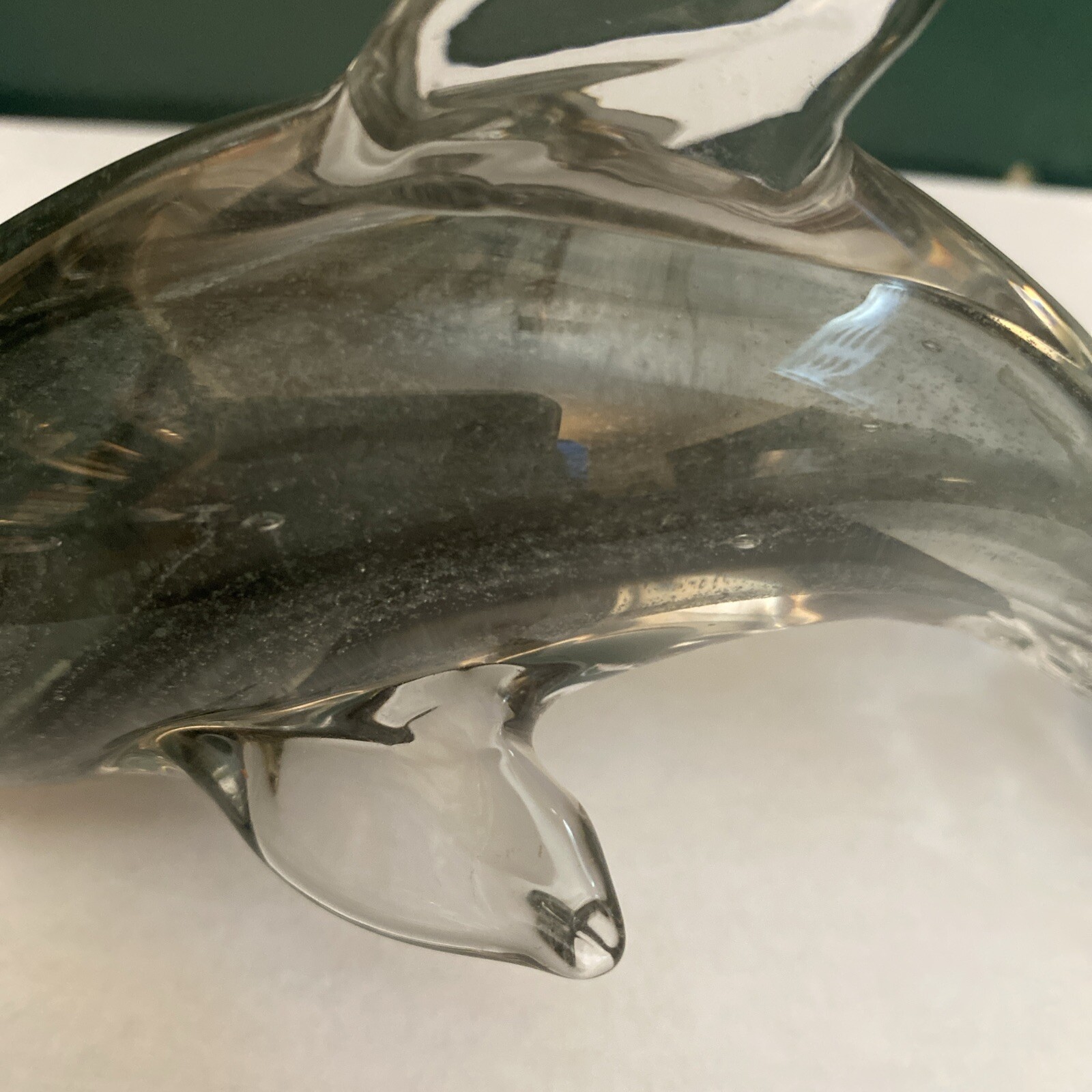 Vtg Art Glass Dolphin Paperweight Clear Blue & Gray Hues Hand Blown Figurine