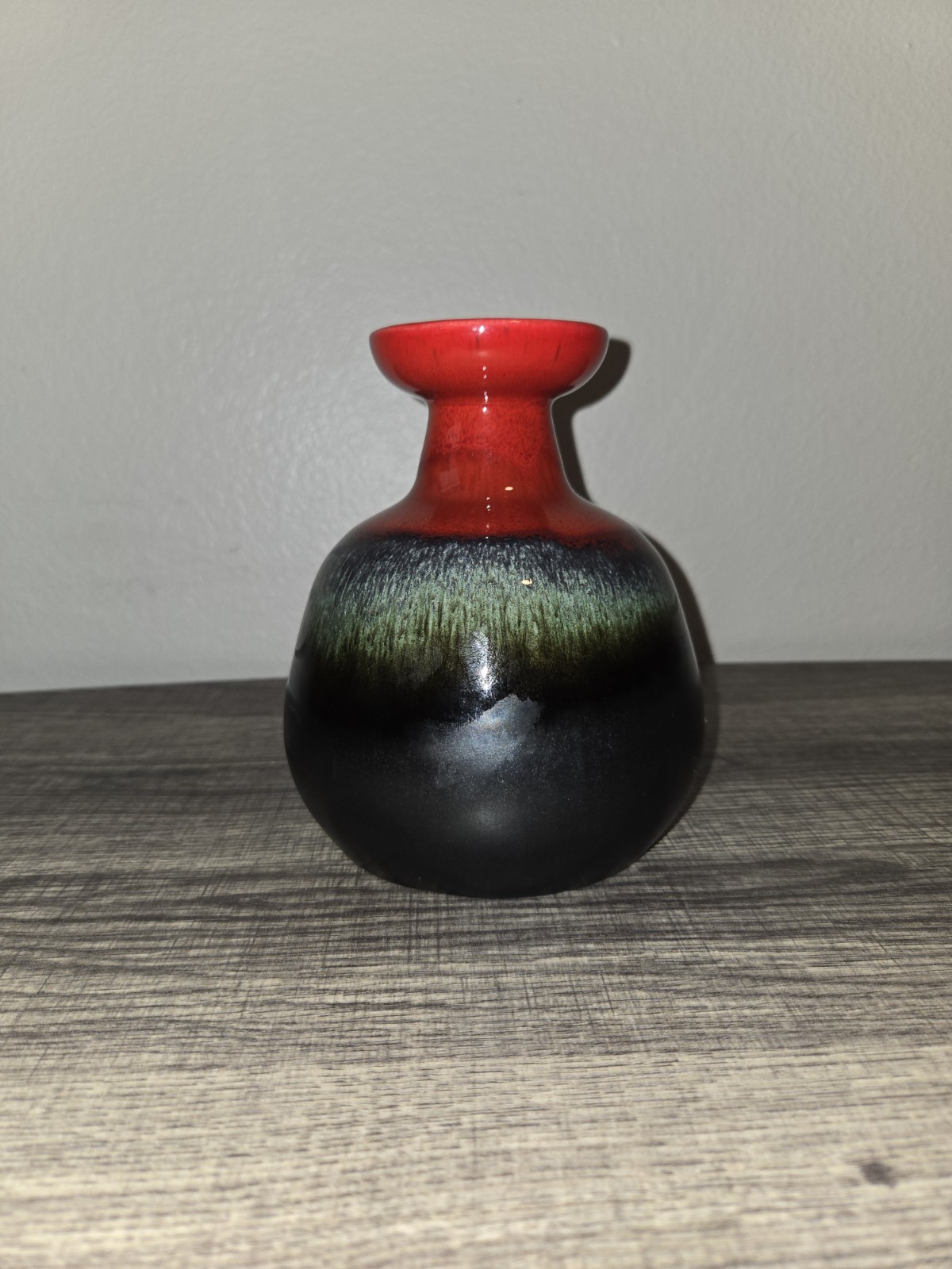 Hutschenreuther Style Fat Lava Bulbous Vase, Glossy Red, Green, And Black Matte