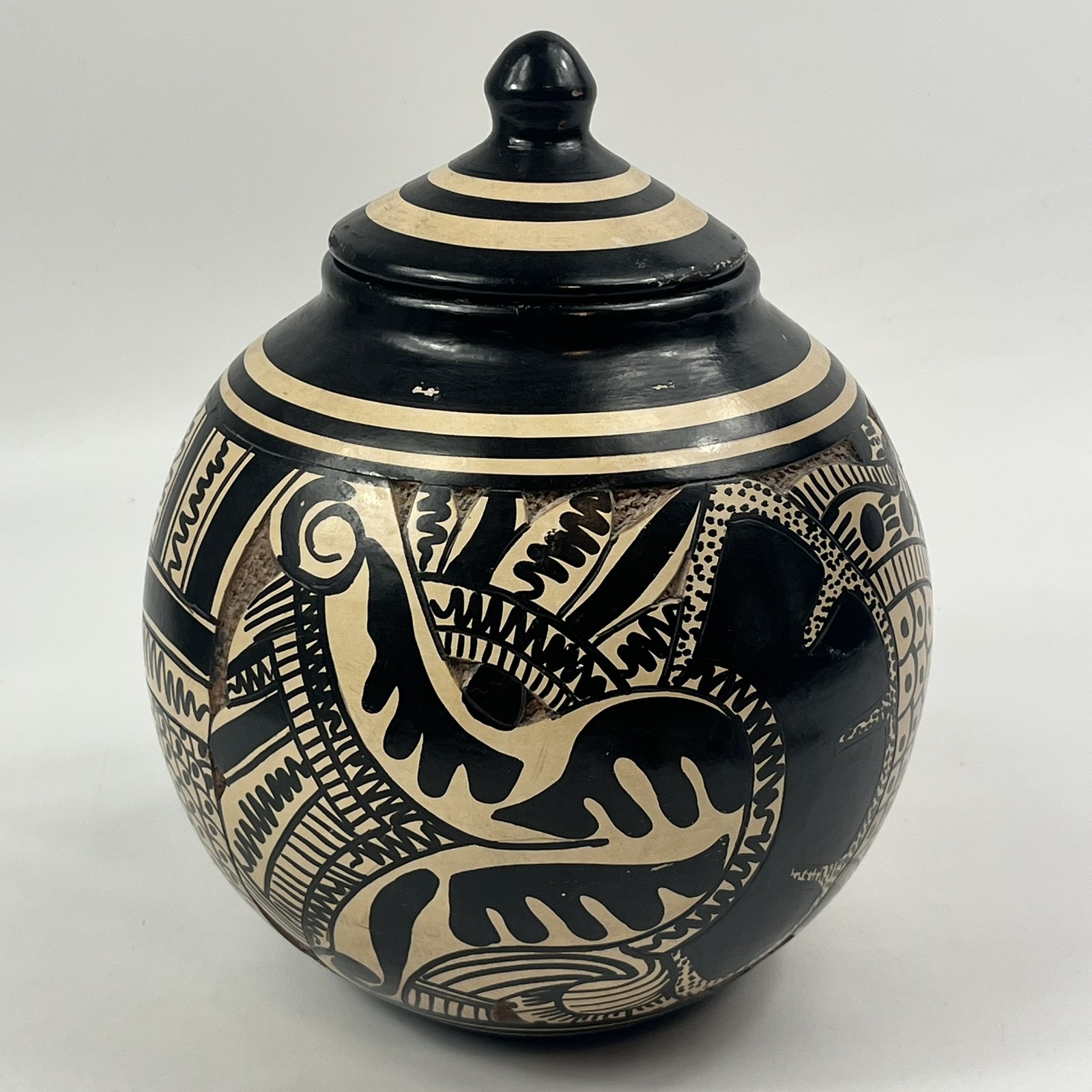 Vintage Sgraffito Pottery Lidded Jar Hand Carved Unique Handmade Black Tan Decor